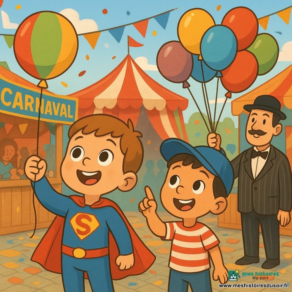 Léo, 4 ans, rayonnant en costume de super‑héros bleu et rouge avec cape, cheveux châtain clair courts, tient la ficelle d’un ballon multicolore et regarde le ciel; à côté Tom, 4–5 ans, complice et joyeux, casquette et T‑shirt rayé, tient un autre ballon et pointe vers le haut; un homme moustachu, mystérieux, en costume à rayures et chapeau melon, sourit en retrait près d’un stand en tenant un bouquet de ballons; rue de carnaval pavée et colorée, stands en bois peints, guirlandes de fanions, confettis au sol, grandes enseignes dorées et un grand chapiteau rouge et blanc en arrière‑plan; plusieurs ballons flottent en groupe avec petites notes attachées, ciel bleu à nuages légers; atmosphère festive, lumineuse et chaleureuse, couleurs vives, textures simples, contours nets, expressions exagérées, vue à hauteur d’enfant et cadrage rapproché sur Léo et Tom avec la foule floutée en arrière‑plan.