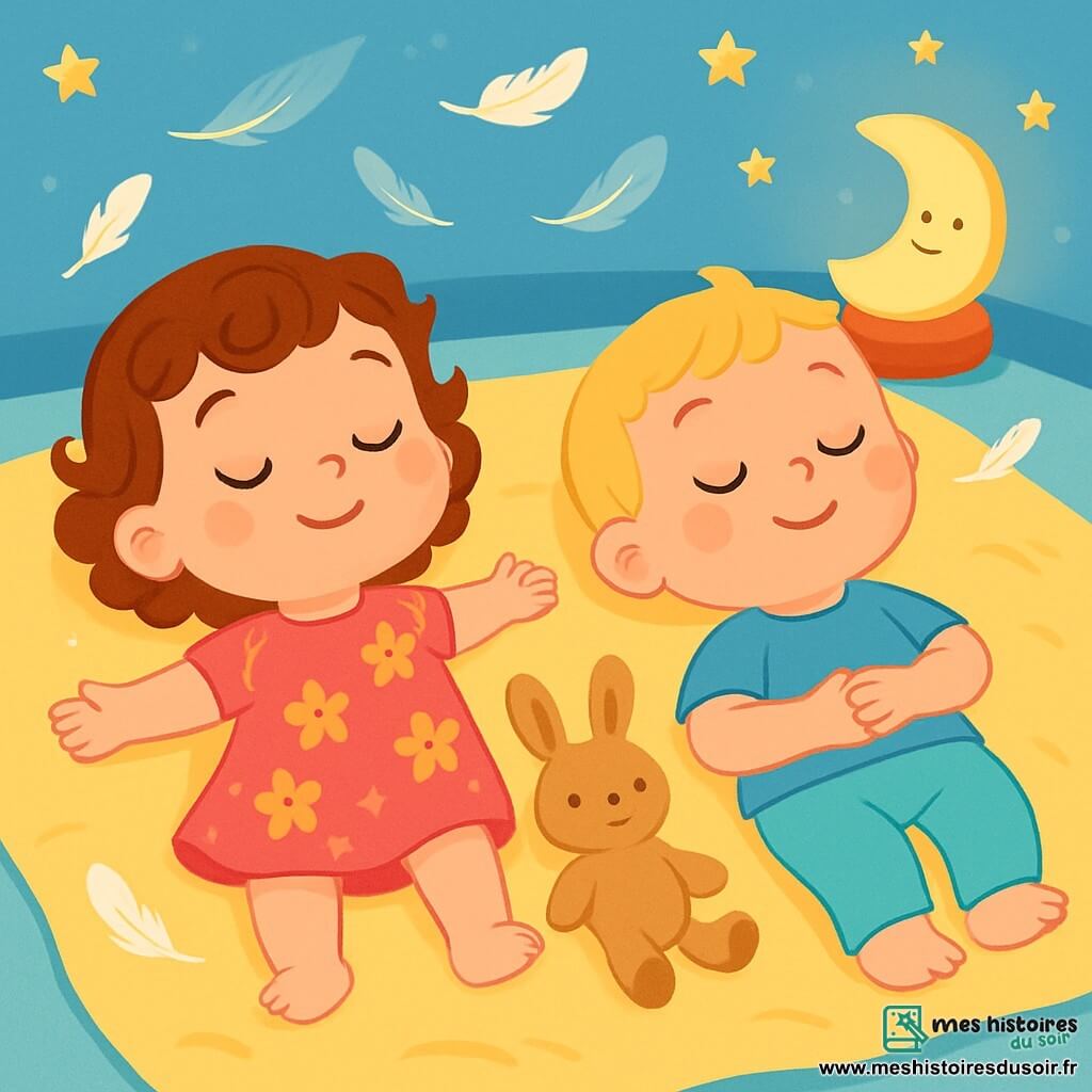 Il y a deux personnages principaux : Lila, une petite fille d'un an aux grands yeux brillants et aux cheveux bouclés châtain, portant une robe rose à motifs floraux, allongée sur le dos avec un sourire paisible ; et Noé, un petit garçon d'un an aux yeux pétillants et aux cheveux blonds courts, vêtu d'un t-shirt bleu et d'un pantalon léger, allongé à côté d'elle. L'image se déroule dans une chambre chaleureuse aux murs bleu ciel et aux étoiles dorées scintillantes, avec une grande couverture moelleuse sur le sol et un doudou en peluche entre eux. Une lumière douce d'une lampe en forme de lune crée une ambiance apaisante. Lila et Noé pratiquent un yoga doux, inspirant et expirant lentement, entourés d'une atmosphère de sérénité avec des plumes flottant autour d'eux, symbolisant la paix.