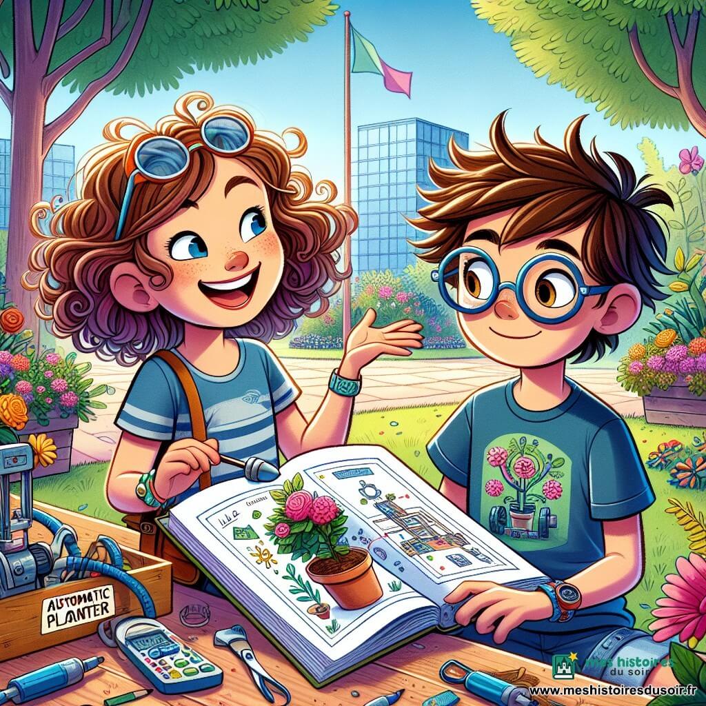 Léa, une fille de 10 ans aux cheveux châtains bouclés et lunettes de soleil, sourit. Elle porte un t-shirt bleu et un short en jean, tenant un carnet de croquis rempli de dessins colorés. À ses côtés, Lucas, un garçon de 10 ans aux cheveux bruns en bataille et lunettes rondes, regarde un schéma qu'il a dessiné, concentré. Ils se trouvent dans la cour d'une école, entourée d'arbres et de bancs, avec des fleurs dans des jardinières. La scène montre Léa et Lucas discutant de leur projet de jardinière automatique, avec des outils et matériaux éparpillés, illustrant leur collaboration créative.