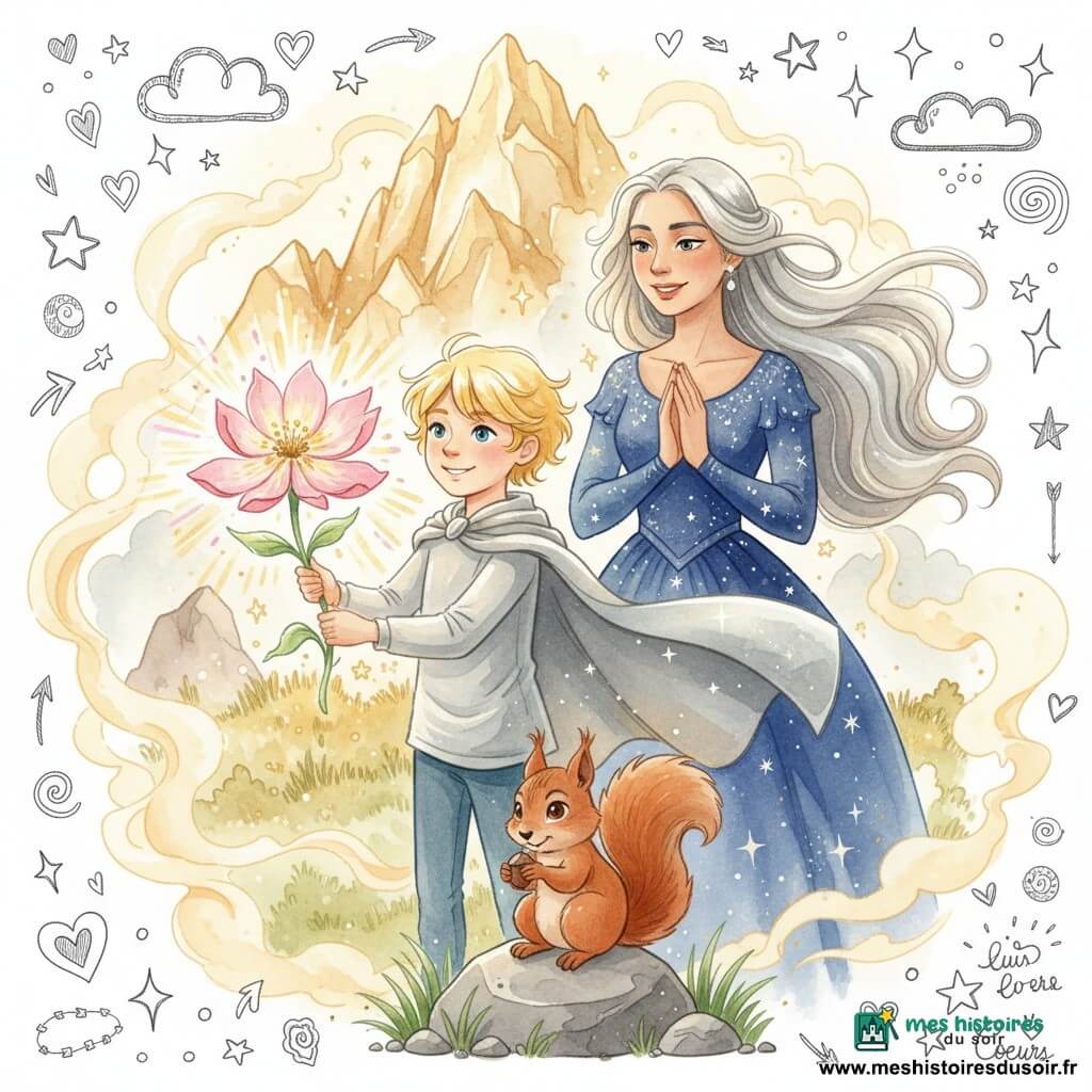 Le prince est au centre, visage déterminé et joyeux, cheveux blonds, cape argentée flottant, tenant une grande Fleur des Cœurs aux pétales lumineux; la reine Lysandra (femme, ~22–25 ans) est à côté, mains jointes, sourire tendre, cheveux argentés flottant comme la lune, robe bleu profond parsemée d'étoiles; Grignote l'écureuil (masculin) est posé sur une pierre au premier plan, yeux malicieux, queue touffue, en train de grignoter une noisette; le sommet de la Montagne Lumineuse brille autour d'eux avec rochers translucides, herbe scintillante, nappes de brume dorée et petites étoiles flottantes; la lumière jaillit de la Fleur en rayons chauds roses et dorés éclairant les visages et créant des reflets sur la cape et la robe; ambiance magique, chaleureuse et pleine d'espoir, couleurs pastel saturées, contrastes doux, textures aquarelle avec détails nets pour les personnages; composition en plan moyen, personnages au centre dans un cercle de lumière, arrière-plan montagneux légèrement flou, espace laissé pour des doodles enfantins (cœurs, petites étoiles, traits de mouvement).