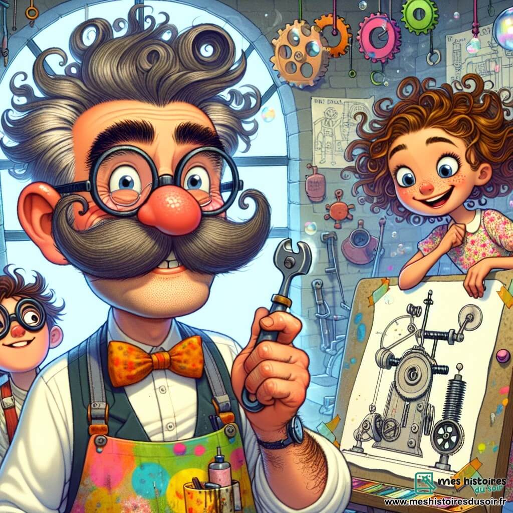Monsieur Piston est un homme joyeux avec une moustache frisée et une blouse de travail colorée pleine de taches de peinture. Il sourit en tenant un outil, prêt à montrer sa dernière invention. À ses côtés, Léa, une petite fille de 8 ans aux cheveux bouclés, admire la machine, tandis que Tom, un garçon de 9 ans, étudie un plan. L'atelier de Monsieur Piston est magique, rempli de machines étranges et de dessins. La scène montre Monsieur Piston présentant sa Game-o-machine aux enfants, impatients d'apprendre en s'amusant, leurs visages illuminés par la curiosité.