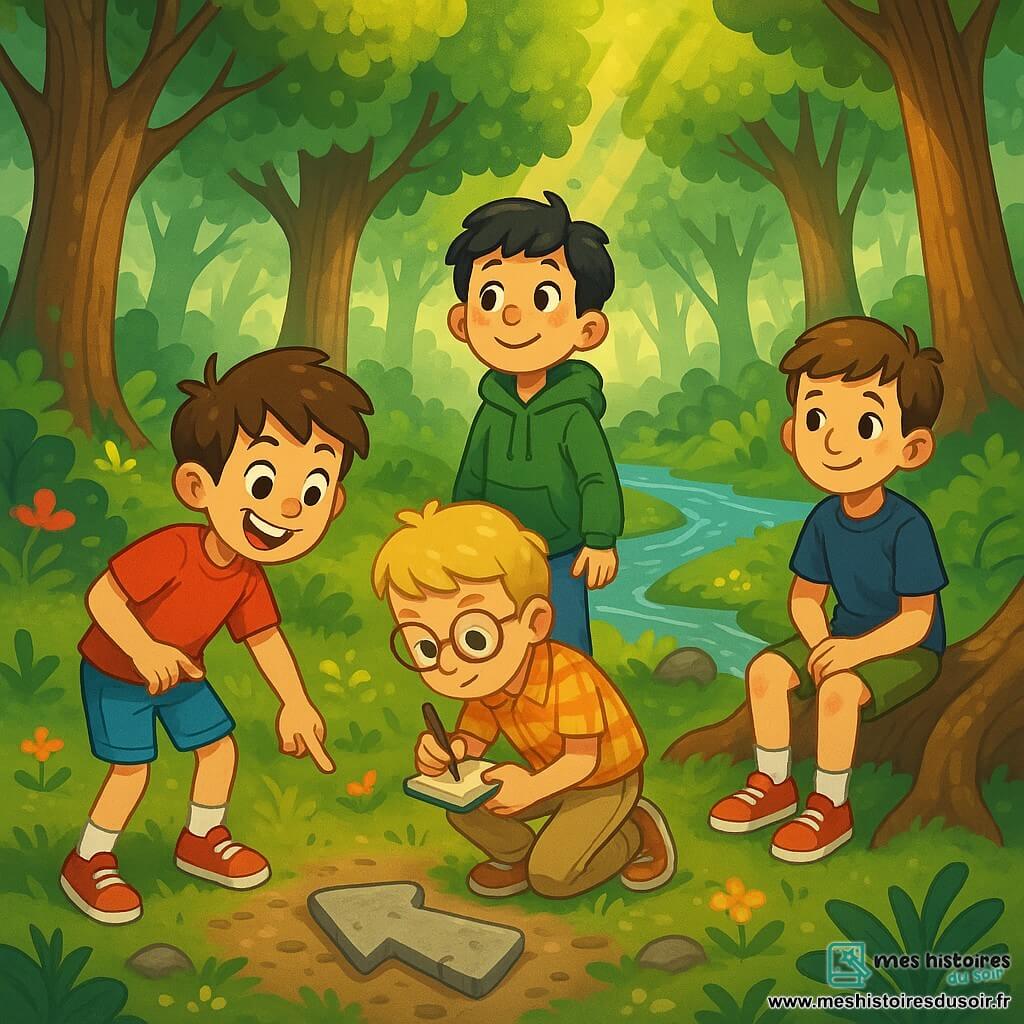 Quatre enfants explorent une forêt enchantée. Max, 10 ans, cheveux bruns, t-shirt rouge, pointe une pierre en forme de flèche avec un sourire. Lucas, aussi 10 ans, blond avec lunettes, prend des notes dans son carnet. Tom, aux cheveux noirs et taches de rousseur, observe les arbres en sweat vert. Hugo, châtain et timide, admire ses amis assis sur une racine. La forêt est magique, avec des arbres majestueux, des rayons de soleil et un ruisseau scintillant. Ils découvrent la pierre mystérieuse et sont prêts pour une aventure à la recherche d'un trésor caché.