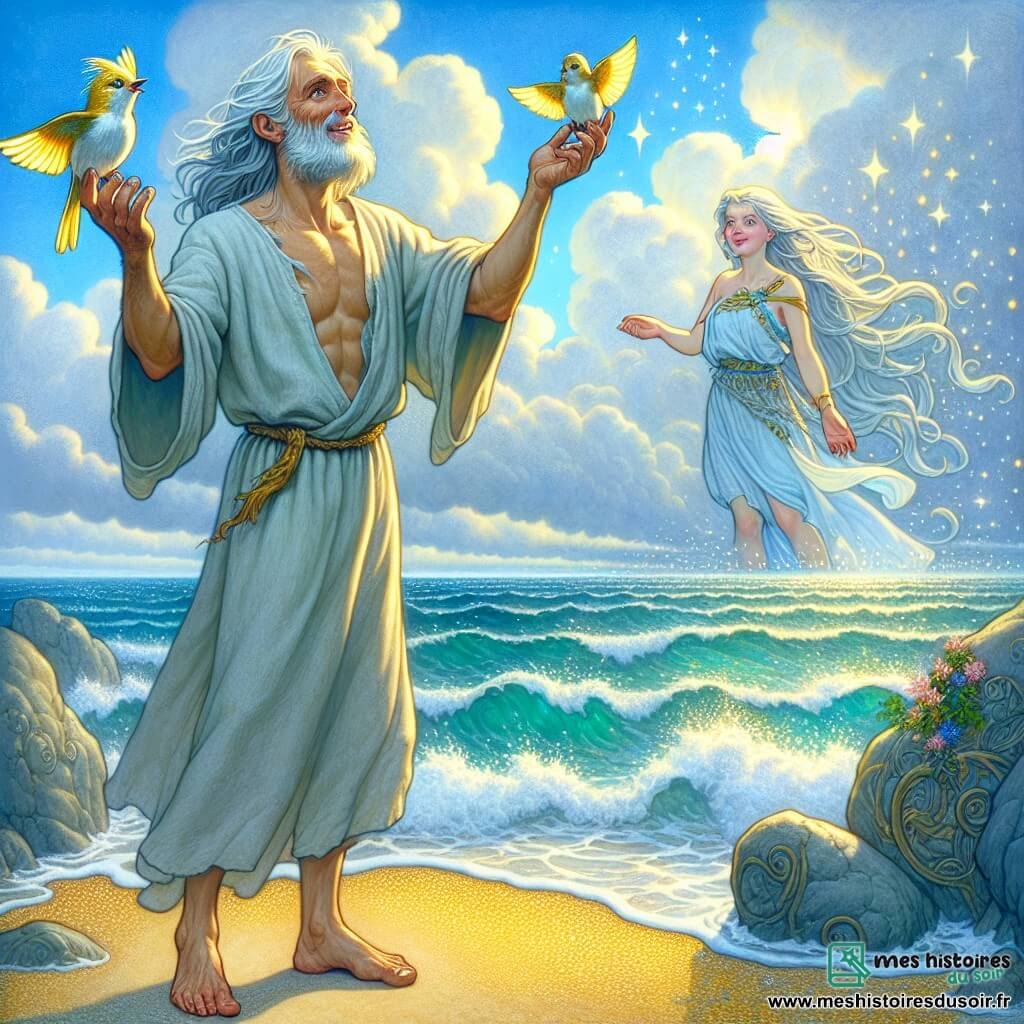 Au bord d'une mer scintillante, un homme nommé Ardan, la trentaine, se tient debout, les bras tendus vers le ciel. Son visage est marqué par des rides de sagesse, ses yeux brillent d'une lumière dorée, et il porte une tunique en lin bleu clair. À ses côtés, un petit roitelet aux plumes vives se perche sur son épaule, observant la mer. Plus loin, Aïone, la déesse des marées, apparaît, une femme d'une beauté éthérée avec des cheveux argentés. Elle sourit, comme pour encourager Ardan. Le lieu est une plage magique où le sable doré rencontre des vagues cristallines, sous un ciel bleu parsemé de nuages. Ardan est prêt à libérer une flamme dans l'eau, symbolisant un nouveau départ, tandis que la mer semble vibrer d'excitation.