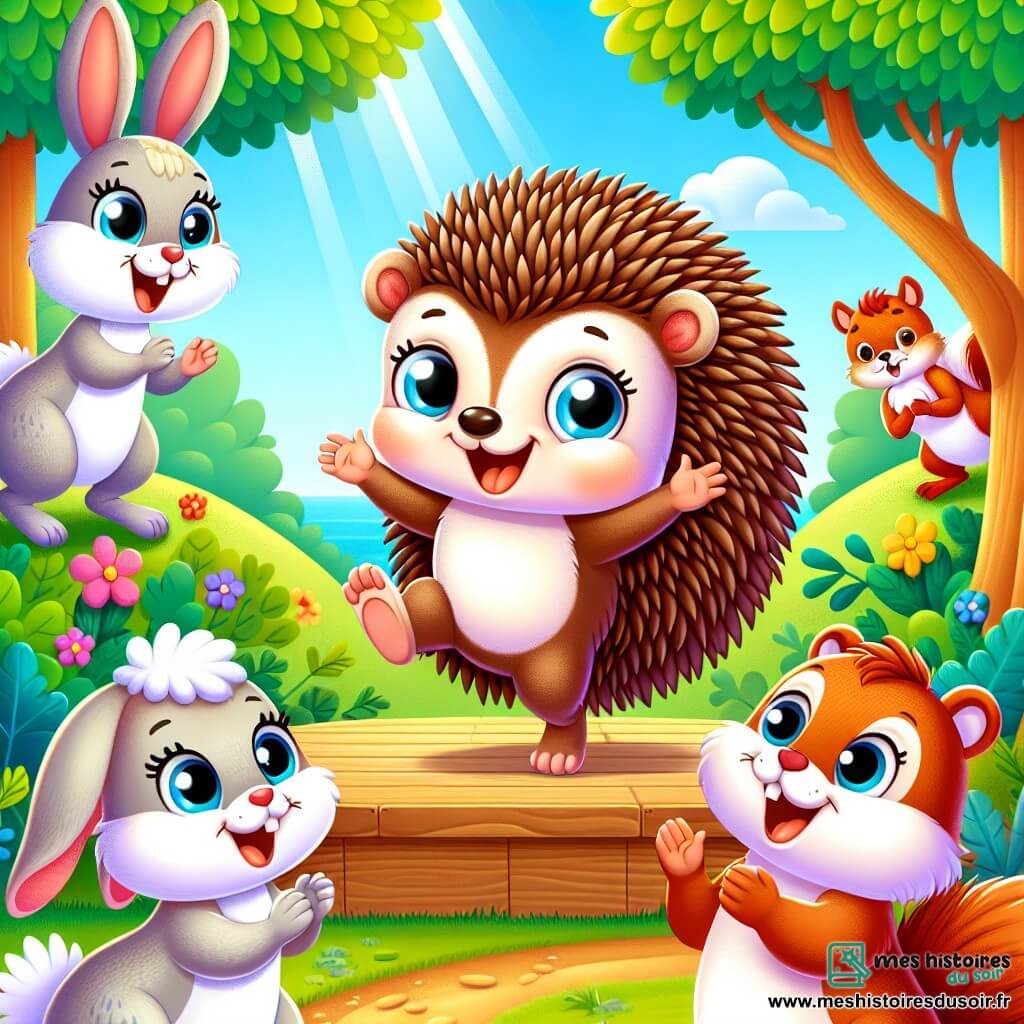 Hugo, un petit hérisson au pelage brun et aux piquants doux, danse joyeusement sur une scène en bois, rayonnant de bonheur. À ses côtés, Lila le lapin, au pelage blanc, saute avec enthousiasme, fière de son ami. Simon l'écureuil, à la fourrure rousse, applaudit avec énergie. La scène se déroule dans une belle forêt ensoleillée, entourée d'arbres verts et de fleurs colorées, où d'autres animaux admirent la performance. Hugo danse entouré de ses amis, illustrant la joie de croire en soi et de s'amuser ensemble.