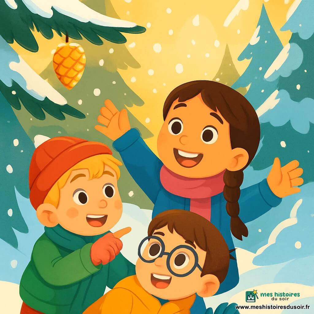 Trois personnages sont présents : Lina, une fille de 8 ans avec de longs cheveux bruns tressés, un sourire éclatant, une écharpe rose framboise et un manteau bleu, se tenant au centre, les bras levés. Maxime, un garçon de 8 ans aux cheveux blonds en bataille et joues roses, porte un bonnet rouge et une veste verte, légèrement en avant, pointant du doigt une pomme de pin dorée. Théo, un garçon de 8 ans avec des cheveux châtains et des lunettes rondes, est en arrière, grimpant sur le dos de Maxime, vêtu d'un manteau jaune et de gants bleus. L'action se déroule dans la Forêt-aux-Millés-Flocons, où des sapins majestueux sont recouverts de neige scintillante. Les flocons tombent doucement, créant une atmosphère magique, tandis que la lumière du soleil d'hiver illumine la scène. Les amis découvrent avec émerveillement la pomme de pin dorée, entourés de flocons de neige dans une ambiance festive.