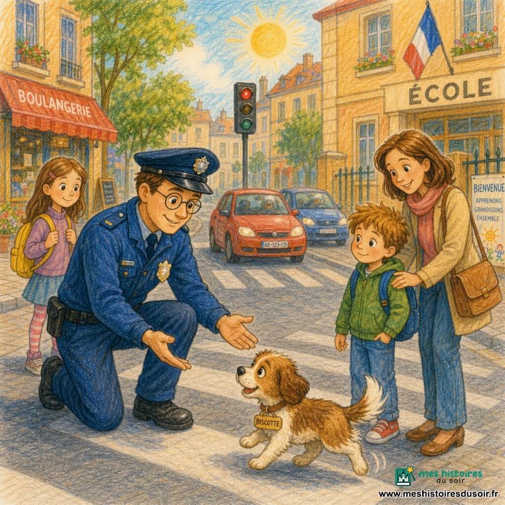 Un policier nommé Paul, grand et calme, à genoux sur un passage piéton appelle d'une voix rassurante un petit chien marron et blanc, Biscotte, pendant que le garçon Tom (6 ans) tient la main de sa maman, la femme souriante protectrice, et que la fille Zoé (7 ans) attend sur le trottoir ; avenue près d'une école, voitures arrêtées, soleil matinal ; style crayons de couleur, traits doux et couleurs chaudes.