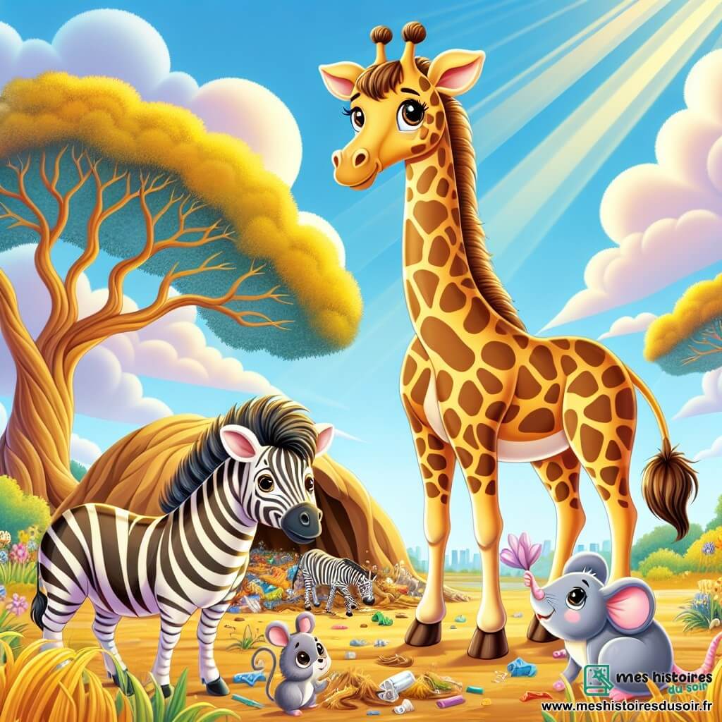 Lila, une girafe majestueuse, se tient au centre de la savane, son long cou vers le ciel bleu. Son pelage doré est parsemé de taches brunes, et ses yeux brillent d'inquiétude et de détermination. À ses côtés, Zaza le zèbre, avec ses rayures noires et blanches, observe attentivement, prêt à aider. Un peu plus loin, Mimi la souris, avec son pelage gris et ses yeux pétillants, ramasse des déchets, concentrée. En arrière-plan, un grand arbre aux branches étendues et des fleurs colorées créent une ambiance chaleureuse. Lila et ses amis nettoient la grotte, déterminés à sauver leur savane, tandis que des rayons de soleil illuminent leur travail.