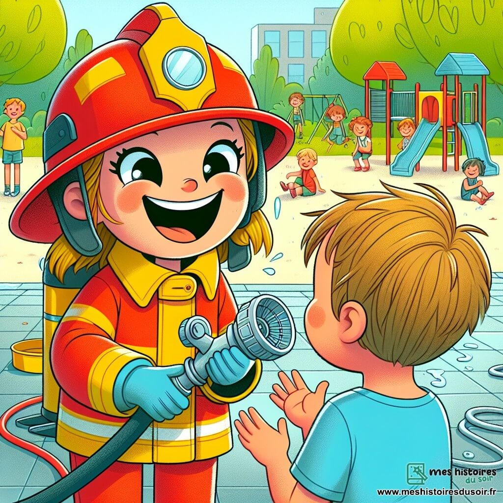 Clara, une femme pompier souriante en casque rouge et combinaison jaune, montre un tuyau à un enfant. Ce dernier, un petit garçon d'environ 7 ans avec des cheveux bruns en bataille et un t-shirt bleu, l'observe avec admiration. La scène se déroule dans une cour d'école ensoleillée, entourée d'arbres et de jeux colorés, où d'autres enfants jouent. Clara explique l'utilisation du tuyau tandis que le garçon rit en imitant le bruit de l'eau, créant une ambiance joyeuse.