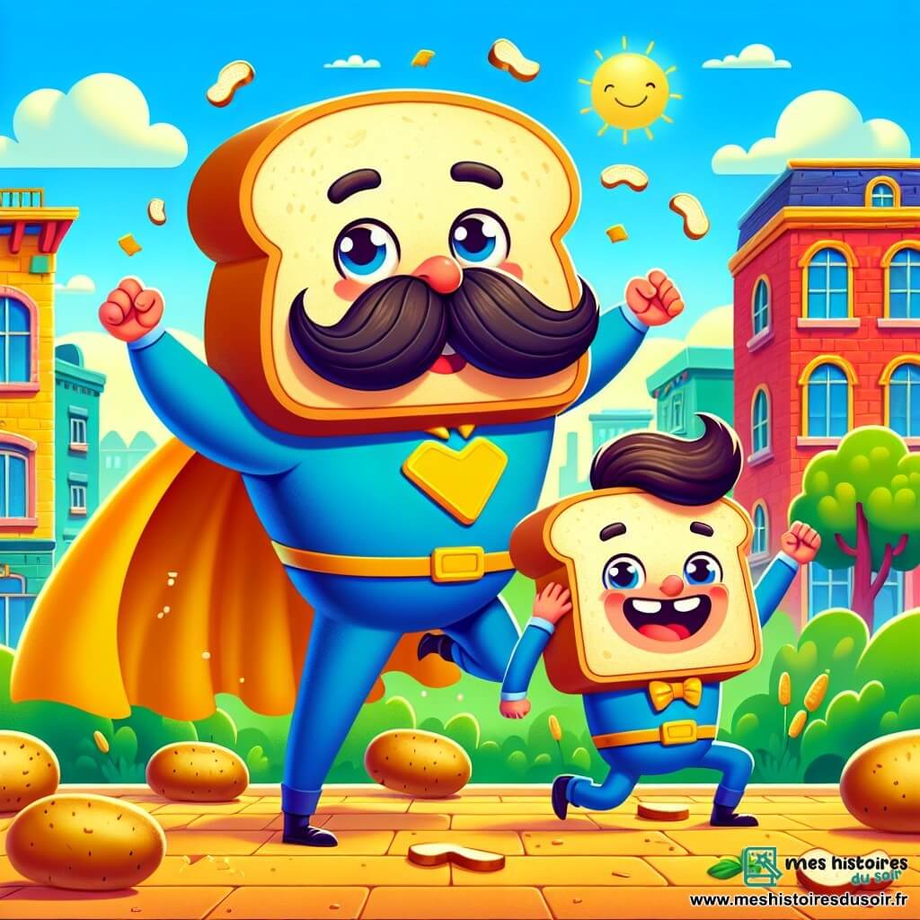 Un homme, Super-Moustache, se tient au centre de l'image avec une grande cape jaune et une moustache amusante. Il sourit joyeusement et lève les bras, prêt à danser. À ses côtés, Capitaine Tartine, un garçon d'environ 6 ans, porte une tartine sur la tête et rit en faisant la danse de la patate. Le décor est une ville colorée avec des bâtiments vifs, des arbres verts et un ciel bleu. Des patates et des tartines sont éparpillées au sol, créant une ambiance ludique. Super-Moustache et Capitaine Tartine dansent et rient ensemble, entourés de vilains Patatacollantes glissant sur les patates, tous unis dans une fête joyeuse.