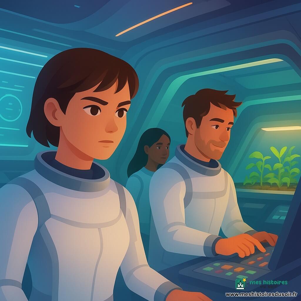 Lina, une jeune femme aux cheveux bruns courts et aux yeux déterminés, se tient dans le poste de commandement d'un vaisseau spatial. Elle porte une combinaison spatiale blanche avec des détails argentés et se concentre sur un écran lumineux devant elle. À ses côtés, Jules, un homme d'une trentaine d'années avec une barbe naissante et des cheveux ébouriffés, ajuste des commandes sur un panneau de contrôle, concentré et légèrement souriant. Derrière eux, Amaya, une femme d'une vingtaine d'années aux cheveux longs et noirs, observe un petit jardin de plantes sous une lumière artificielle. Le poste de commandement est un espace futuriste avec des écrans holographiques et des lumières douces, créant une ambiance technologique et accueillante. L'équipage travaille en coordination pour stabiliser le vaisseau, affichant des expressions de détermination et de collaboration.