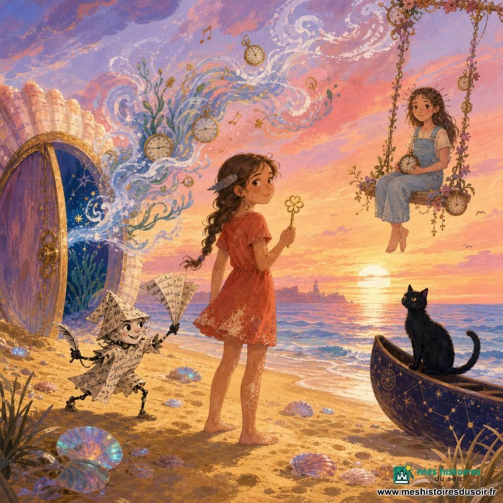 Lila, une fillette d'environ 10 ans aux cheveux bruns en tresse et sourire timide, marche pieds nus sur une dune au lever du soleil en robe corail tachée de sable, tenant une petite clé fleur en métal doré et une plume d'encre derrière l'oreille, regardant l'horizon ; près d'elle, Le Pli, petit être fait de papier froissé et d'encre à l'expression malicieuse, plie une page comme un éventail et agite une minuscule plume ; au loin, la Gardienne des Heures, une fillette en salopette bleu pâle, assise sur une balançoire faite d'une montre fleurie, cheveux parsemés de petites aiguilles, tient une horloge miniature et sourit doucement ; Minuit, un chat noir au pelage brillant comme de l'encre, est perché sur la proue d'un canoë peint de constellations échoué près du rivage, regardant la mer aux yeux ambrés ; derrière Lila, une porte ronde en coquillage plantée dans le sable se dissout en mousse musicale tandis que motifs d'algues et d'horloges flottent dans l'air, la plage de sable fin doré et coquillages irisés reflétant un ciel pêche, rose et lavande et une mer calme où les étoiles subsistent.