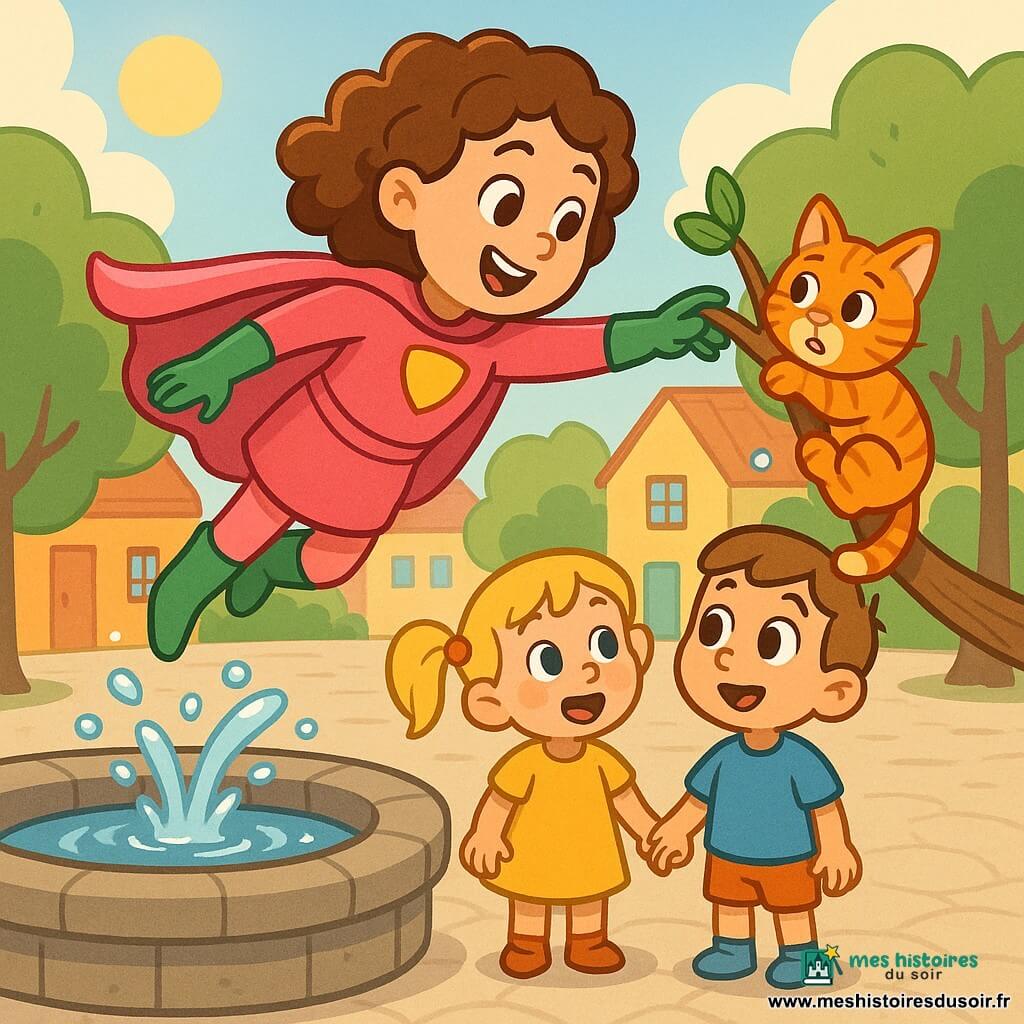 Une super-héroïne joyeuse et confiante aux cheveux bruns bouclés flottants, cape rose et bottes vertes, vole doucement pour attraper Momo, un petit chaton mâle orange à rayures blanches apeuré mais soulagé accroché à une branche au-dessus d'une fontaine ronde en pierre à l'eau pétillante, tandis qu'une fillette de 5 ans aux couettes blondes tenant la main d'un garçon de 6 ans aux yeux émerveillés applaudit depuis la place pavée ensoleillée bordée d'arbres verts et de maisons colorées ; scène chaleureuse aux couleurs vives, silhouettes douces et expressions expressives.