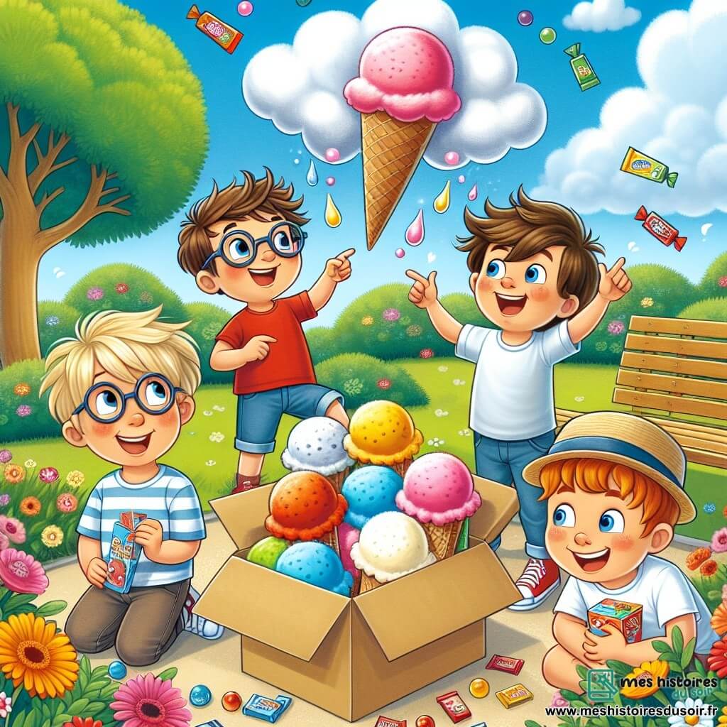 Dans un parc ensoleillé, quatre amis, Max, Léo, Tom et Alex, s'amusent ensemble. Max, 8 ans, pointe un nuage en forme de glace, tandis que Léo, 7 ans, fait une grimace. Tom, 9 ans, grimpe sur une boîte en carton en se prenant pour un roi, et Alex, 8 ans, tient un sachet de bonbons pétillants. Ils fabriquent une machine à glaces en carton, entourés de bonbons colorés, tandis qu'une pluie de glaces éclatantes jaillit de leur invention, les faisant rire. Le parc est verdoyant, avec des fleurs et un grand arbre.