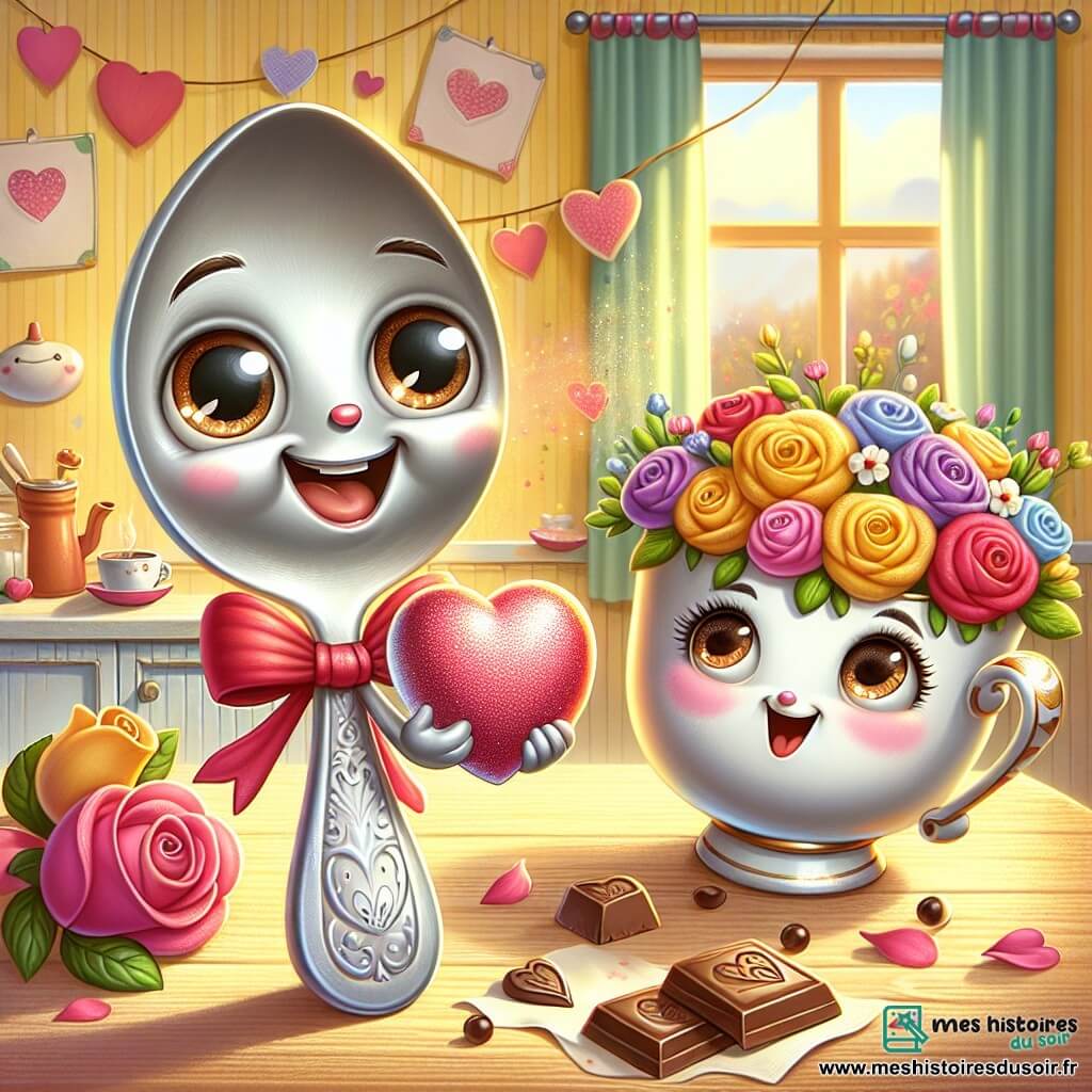 Valentin, une petite cuillère d'argent aux yeux ronds et pétillants, se tient joyeusement au centre de la scène avec un large sourire. Il porte un nœud rouge et tient un cœur en chocolat scintillant. À sa droite, Lila, une tasse en porcelaine blanche avec des motifs de fleurs roses, affiche un visage émerveillé. Elle est assise sur une table en bois, entourée d'un bouquet de roses colorées et d'un poème enroulé. Le décor est une cuisine chaleureuse aux murs jaunes pastel, avec une lumière ensoleillée et des cœurs en papier accrochés. Des miettes de chocolat et des pétales de roses ajoutent une touche magique. Valentin offre son cadeau à Lila, créant une atmosphère joyeuse et festive, célébrant l'amitié et l'amour pour la Saint-Valentin.