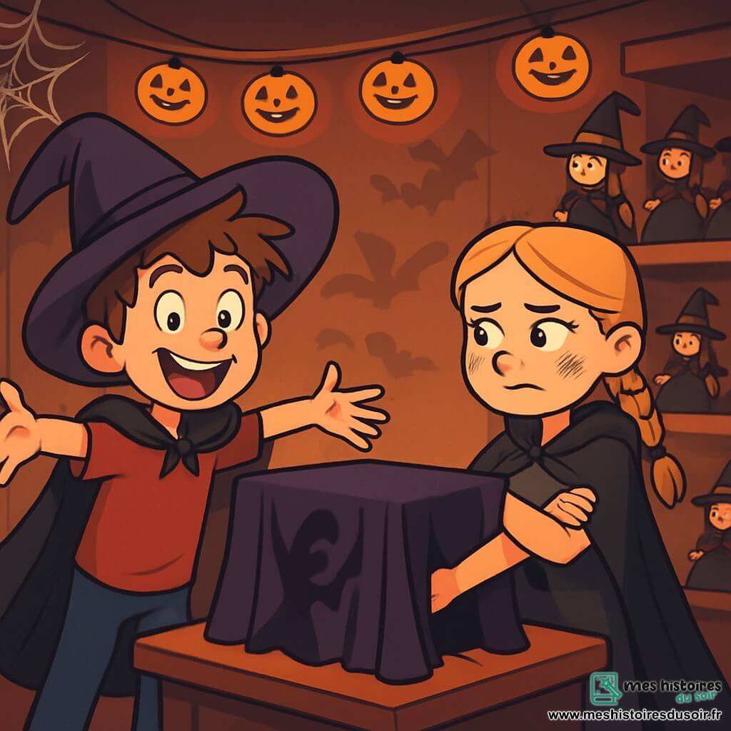 Il y a deux personnages principaux : Hugo, un garçon de 10 ans avec des cheveux bruns en bataille, un grand sourire, un vieux chapeau de sorcier trop grand et une cape noire, se tenant à gauche, enthousiaste ; et Zoé, une fille de 10 ans avec des cheveux blonds tressés et des yeux pétillants, portant une cape noire et un léger maquillage de sorcière, se tenant à droite, les bras croisés, curieuse mais hésitante. L'histoire se déroule dans une boutique de jouets décorée pour Halloween, avec des toiles d'araignées, des poupées en costume de sorcière, des lumières tamisées, des guirlandes de citrouilles illuminées et un grand rideau noir cachant une boîte mystérieuse. Hugo et Zoé sont devant la boîte des mystères, Zoé hésitant à y plonger la main, tandis qu'Hugo l'encourage avec un sourire, des ombres étranges dansant autour d'eux, ajoutant une touche d'excitation à la scène.