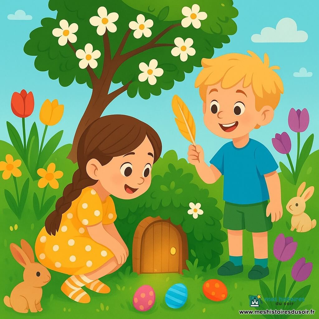 Il y a deux personnages principaux : Lila, une fille de 7 ans avec de longs cheveux bruns tressés, portant une robe jaune à pois blancs et des chaussons rayés, accroupie et curieuse sous un buisson fleuri ; et Maxime, un garçon de 7 ans aux cheveux blonds en bataille, en t-shirt bleu et short vert, debout à côté d'elle avec une plume dorée et un grand sourire. L'histoire se déroule dans un jardin printanier coloré avec des tulipes, des jonquilles et un pommier fleuri au centre, où des œufs en chocolat brillent dans l'herbe. Lila et Maxime découvrent une petite porte en bois sous un buisson, illuminée d'une douce lumière dorée, prêts à entrer dans un monde magique.