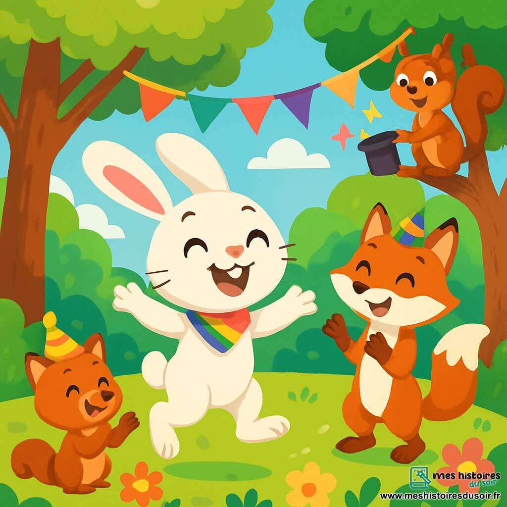 Léa la lapine, au pelage blanc doux et soyeux, saute joyeusement au centre de la scène, les yeux brillants et un large sourire. Elle porte un foulard coloré et semble pleine d'énergie, prête à célébrer l'égalité. À côté, Max le renard, avec son pelage roux et sa queue touffue, applaudit avec enthousiasme, portant un chapeau de fête et se tenant sur ses pattes arrière. Suzie l'écureuil, perchée sur une branche, fait des tours de magie, entourée de décorations colorées. La scène se déroule dans une clairière ensoleillée de la forêt, remplie de fleurs et de grands arbres, avec des banderoles flottant au vent. Léa et ses amis célèbrent un festival, dansant et riant ensemble pour l'égalité des genres, unis dans la joie.