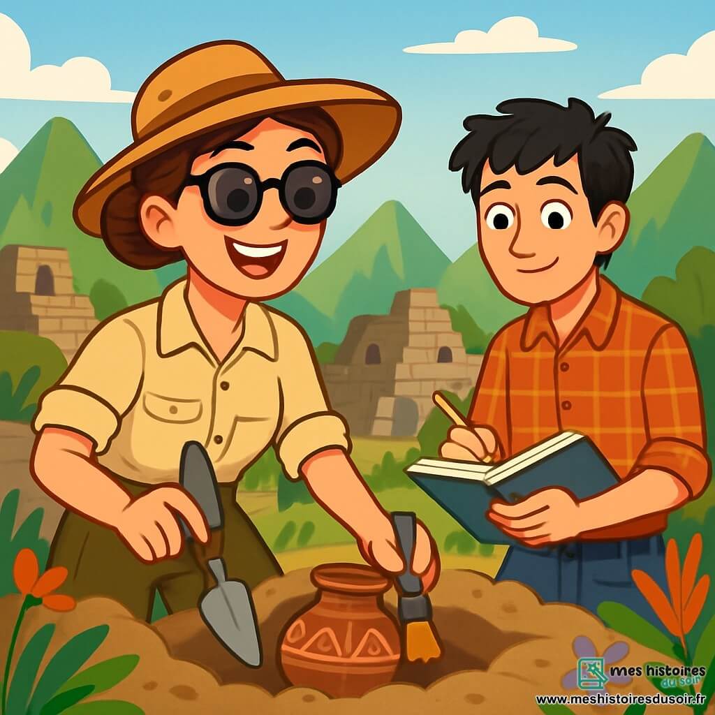 Sofia, une archéologue d'une trentaine d'années, se tient sur un site de fouilles au Pérou. Elle a des cheveux bruns en chignon, porte un large chapeau et des lunettes de soleil, son visage rayonnant d'excitation. Elle tient une truelle et un pinceau, prête à découvrir un trésor. À ses côtés, Lucas, un jeune homme de 25 ans, prend des notes, admirant Sofia et partageant son enthousiasme. Le site est entouré de montagnes verdoyantes et de ruines anciennes, avec des plantes colorées ajoutant de la vie au paysage. Ils dégagent doucement une vieille poterie inca, leurs visages éclairés par la promesse d'une découverte fascinante.