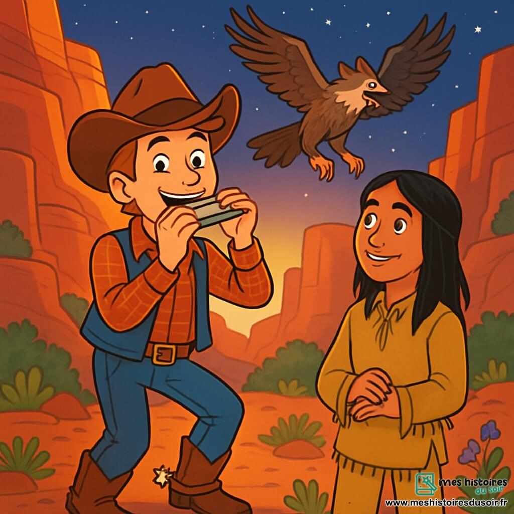 Silas Boone, un cow-boy d'environ 20 ans, sourit au centre de l'image, portant un chapeau en cuir, une chemise à carreaux rouge et un gilet en denim, avec des éperons brillants. À ses côtés, Nuage-Rapide, un jeune indien de 15 ans aux cheveux longs, admire Silas, vêtu de vêtements traditionnels. Le décor est un canyon majestueux aux parois de roche rouge, illuminé par le soleil couchant, avec des plantes sauvages ajoutant de la vie. Silas joue de l'harmonica, attirant l'attention d'un aigle-loup qui s'élève dans le ciel, alors que les étoiles commencent à scintiller.