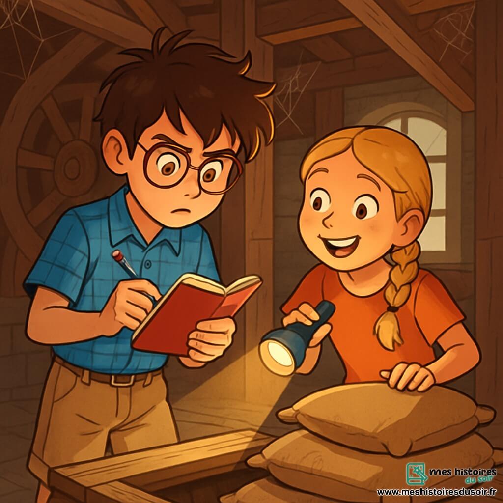 Arthur, un garçon de douze ans aux cheveux bruns en bataille et lunettes rondes, exprime une grande curiosité. Il porte une chemise à carreaux bleue et un short beige, tenant un carnet rouge et un stylo, scrutant les pages. À ses côtés, Léa, également âgée de douze ans, avec des cheveux blonds tressés et des yeux pétillants, sourit en tenant une lampe de poche, admirant Arthur. La scène se déroule dans un vieux moulin en bois aux poutres apparentes et murs couverts de toiles d'araignées, avec une lumière filtrant à travers des fenêtres poussiéreuses. Ils découvrent une trappe cachée sous des sacs de farine, leurs visages illuminés par l'excitation d'une découverte secrète.