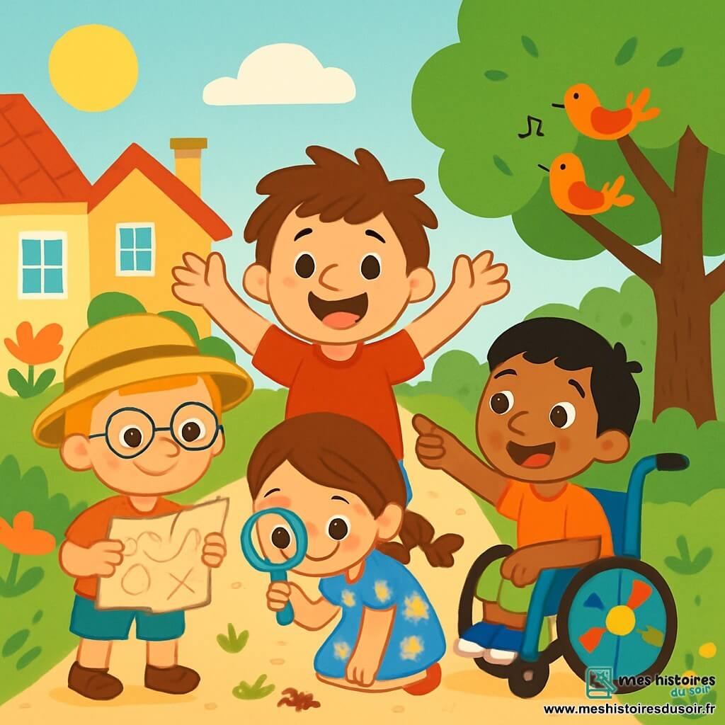 Quatre enfants sont réunis : Léo, 7 ans, cheveux bruns en bataille, t-shirt rouge et short bleu, se tient au centre en levant les bras ; Tom, 6 ans, lunettes rondes et cheveux blonds, porte une chemise à carreaux et un chapeau de paille, il est à gauche de Léo avec une carte au trésor ; Sami, 7 ans, cheveux noirs, est dans un fauteuil roulant décoré, à droite de Léo, pointant un arbre ; Max, 6 ans, cheveux châtains tressés et robe à fleurs, est derrière Léo avec une loupe. Ils explorent un quartier ensoleillé avec des maisons colorées, des jardins fleuris et des arbres, à la recherche de trésors cachés.
