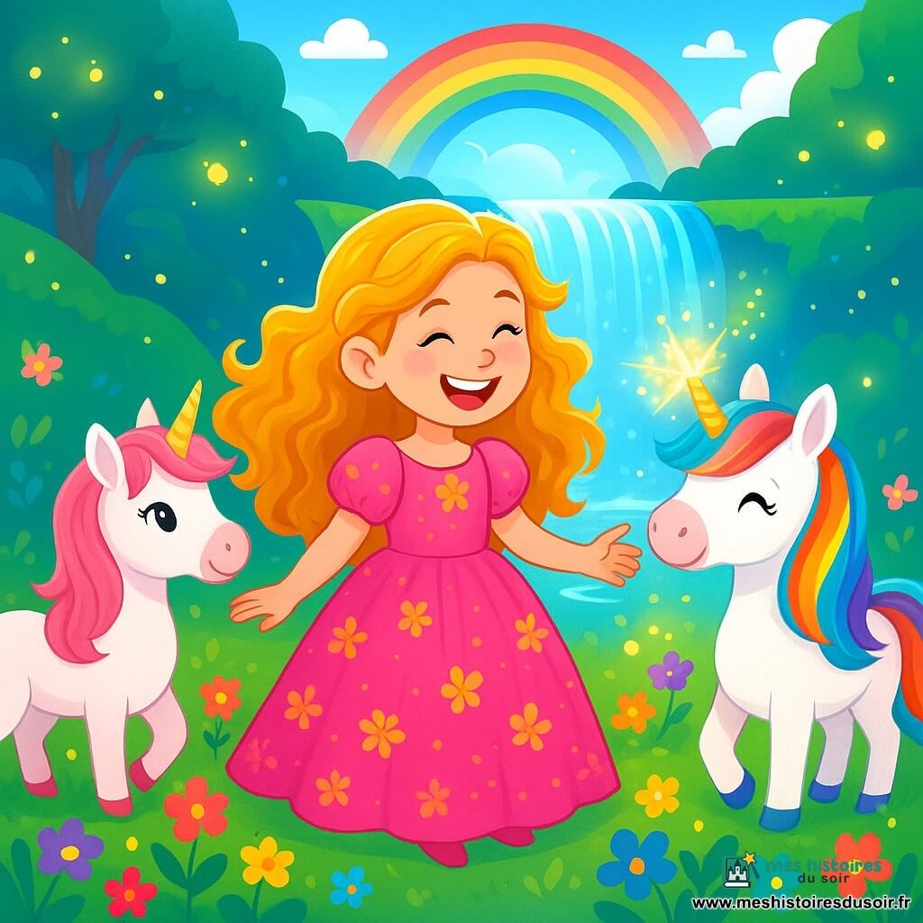 La princesse Lila, une fillette joyeuse d'environ 10 ans, porte une robe rose ornée de fleurs dorées. Ses longs cheveux bouclés brillent et son sourire éclatant illumine son visage. Elle rit aux éclats, entourée de licornes colorées. Éclair, à sa droite, projette des étincelles magiques avec sa corne, tandis que Pétale, à gauche, fait pousser des fleurs. La scène se déroule près de la Cascade des Vœux, où l'eau crée des arcs-en-ciel. Lila et ses licornes jouent joyeusement près de la cascade, lançant des fleurs dans l'eau pour faire des vœux, remplissant l'air de magie et de bonheur.