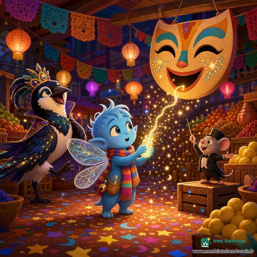 Petit être féerique de la taille d’un chat, peau bleu ciel, ailes translucides, écharpe rayée avec poche contenant un grelot et un petit flacon de lumière qu’il ouvre pour laisser tomber une pluie d’étincelles au-dessus d’une piste, un grand masque de carnaval peint accroché à une poutre reçoit un fil de lumière, une souris chef d’orchestre en costume noir et toque se tient sur une caisse près de la piste, une pie costumée en reine fait un pas de côté à gauche, le tout dans un marché couvert coloré aux étals saturés, guirlandes en papier, lanternes chaudes, piles de citrons et tapis de confettis en étoiles et lunes, ambiance festive et chaleureuse, composition centrée sur le féerique et le masque, éclairage doux et contrastes nets de type cel-shading.