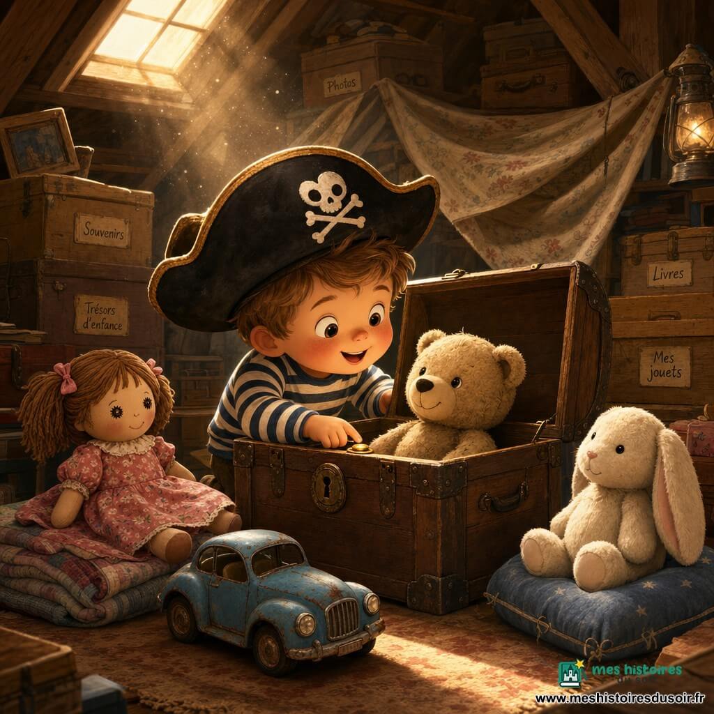 Un garçon de 2 ans, cheveux châtain clair, portant un chapeau de pirate trop grand et une chemise rayée, ouvre une vieille malle en bois et appuie sur un petit bouton doré; au centre une peluche beige souriante est dans la malle, à gauche une poupée de chiffon en robe fleurie est assise sur une couverture, à droite un lapin blanc repose sur un coussin bleu et une petite voiture bleue rouillée est au pied de la malle; le grenier chaud et poussiéreux, avec poutres apparentes, boîtes étiquetées et une couverture formant une cabane, baigne dans une lumière dorée tandis que la couverture se soulève pour révéler une cachette secrète, ambiance câline aux couleurs chaudes et textures douces.