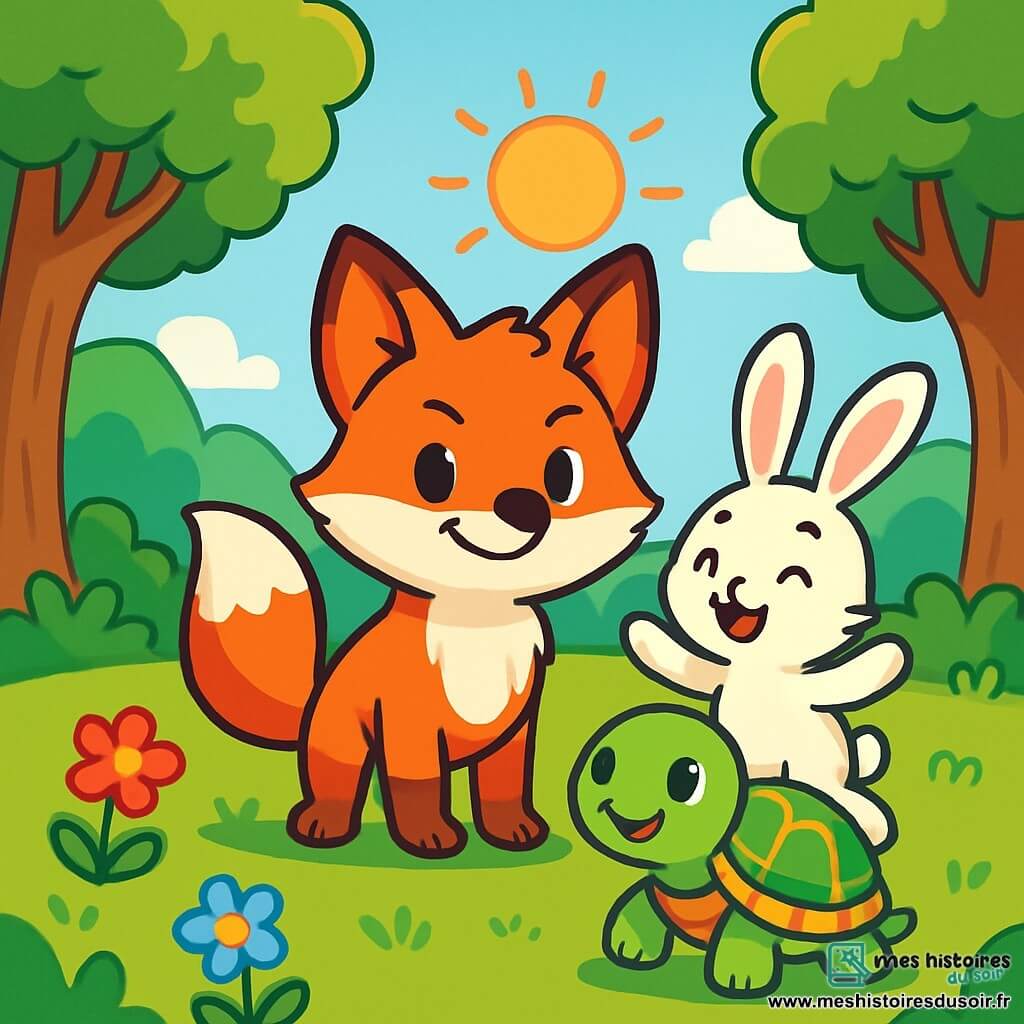 Filou le renard, au pelage roux éclatant et aux yeux pétillants, se tient au centre d'une clairière ensoleillée, affichant un sourire fier et déterminé. À ses côtés, Tip le lapin, aux grandes oreilles blanches, saute joyeusement, tandis que Nina la tortue, avec sa carapace verte ornée de motifs dorés, sourit doucement, observant ses amis avec bienveillance. La clairière, entourée d'arbres majestueux et de fleurs colorées, crée une atmosphère chaleureuse. Ils se préparent pour le Grand Concours des Renards, avec des expressions de détermination et de joie, prêts pour une aventure inoubliable.