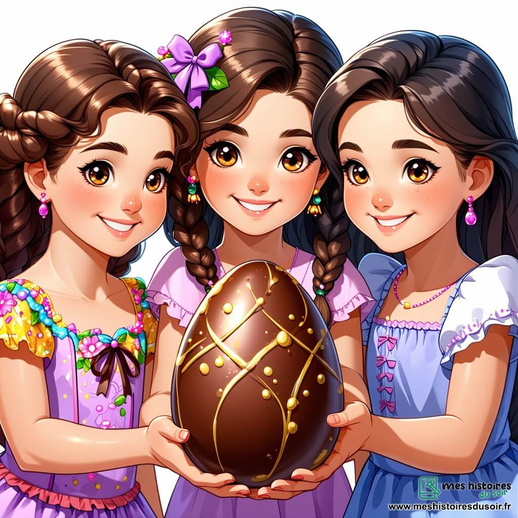Trois filles de douze ans se tiennent autour d'un grand œuf en chocolat décoré de motifs dorés. Zoé, avec des cheveux bouclés et un sourire éclatant, tient l'œuf avec excitation. À sa droite, Emma, aux cheveux lisses et bruns, porte une robe colorée et regarde l'œuf avec des yeux pétillants. À gauche, Lila, avec des tresses et un bandeau fleuri, s'exclame de joie, les bras levés. Elles se trouvent dans un jardin enchanteur, rempli de fleurs de cerisier, de buissons verdoyants et d'un vieux pommier. Le ciel est bleu avec des nuages blancs, et des oiseaux volent au-dessus d'elles. Elles découvrent l'œuf mystérieux dans une atmosphère festive, symbolisant l'esprit de Pâques et l'aventure qui les attend.