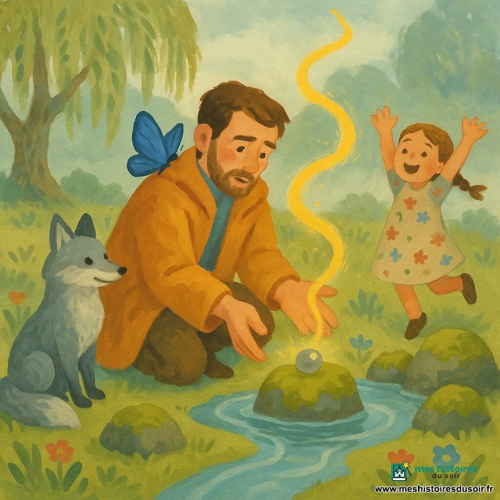 Lucien, visage doux et barbe naissante, agenouillé devant une source, tend les mains vers une perle grise sur une pierre moussue d’où s’échappe une lueur dorée en spirale ; un papillon bleu métallique est posé sur son épaule droite, un renard argenté assis en retrait à gauche le regarde malicieusement, et une fillette d’environ sept ans en robe à fleurs saute de joie au bord de l’eau claire dans une clairière brumeuse aux pierres moussus, herbes et petites fleurs, avec un vieux saule en arrière‑plan — ambiance féerique, couleurs chaudes et pastels, textures épaisses de gouache.