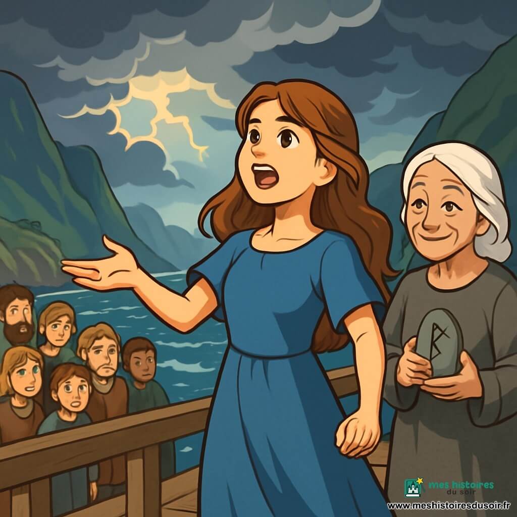 Eira, une jeune femme aux cheveux longs et châtain clair, se tient sur une jetée en bois, son visage rayonnant d'espoir et de détermination. Elle porte une robe en lin bleu, flottant au vent, et ses yeux brillent d'une lueur courageuse. À ses côtés, Vedis, une vieille femme d'environ soixante-dix ans, avec des cheveux blancs et des rides, observe Eira avec bienveillance, vêtue d'une robe en laine grise et tenant une runepierre. Le lieu est un fjord majestueux, entouré de montagnes, avec des vagues s'écrasant contre les rochers. Le ciel, chargé de nuages sombres, annonce une tempête imminente, mais une lueur d'espoir perce à travers. Eira chante avec passion pour apaiser le tonnerre au loin, tandis que les villageois, rassemblés derrière elle, écoutent attentivement, mêlant inquiétude et curiosité. La nature semble réagir à sa voix, créant une atmosphère magique et tendue.