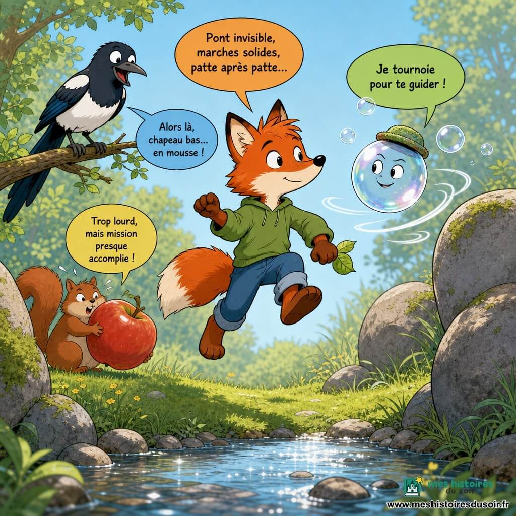 Un jeune renard roux anthropomorphe, expression curieuse et fière, marche prudemment sur un pont invisible en posant les pattes comme sur des marches; une bulle de savon translucide coiffée d'un minuscule chapeau en mousse tourne à sa droite et le guide; une pie noire et blanche perchée à gauche lance «Salut!» en bulle, un écureuil roux à l'arrière tient une grosse pomme tandis qu'une bulle «Courage!» lui parvient; clairière lumineuse entre deux rochers au bord d'un ruisseau scintillant, herbe et petites fleurs jaunes, lumière matinale douce, ambiance chaleureuse, couleurs vives, composition claire et lisible pour enfants.