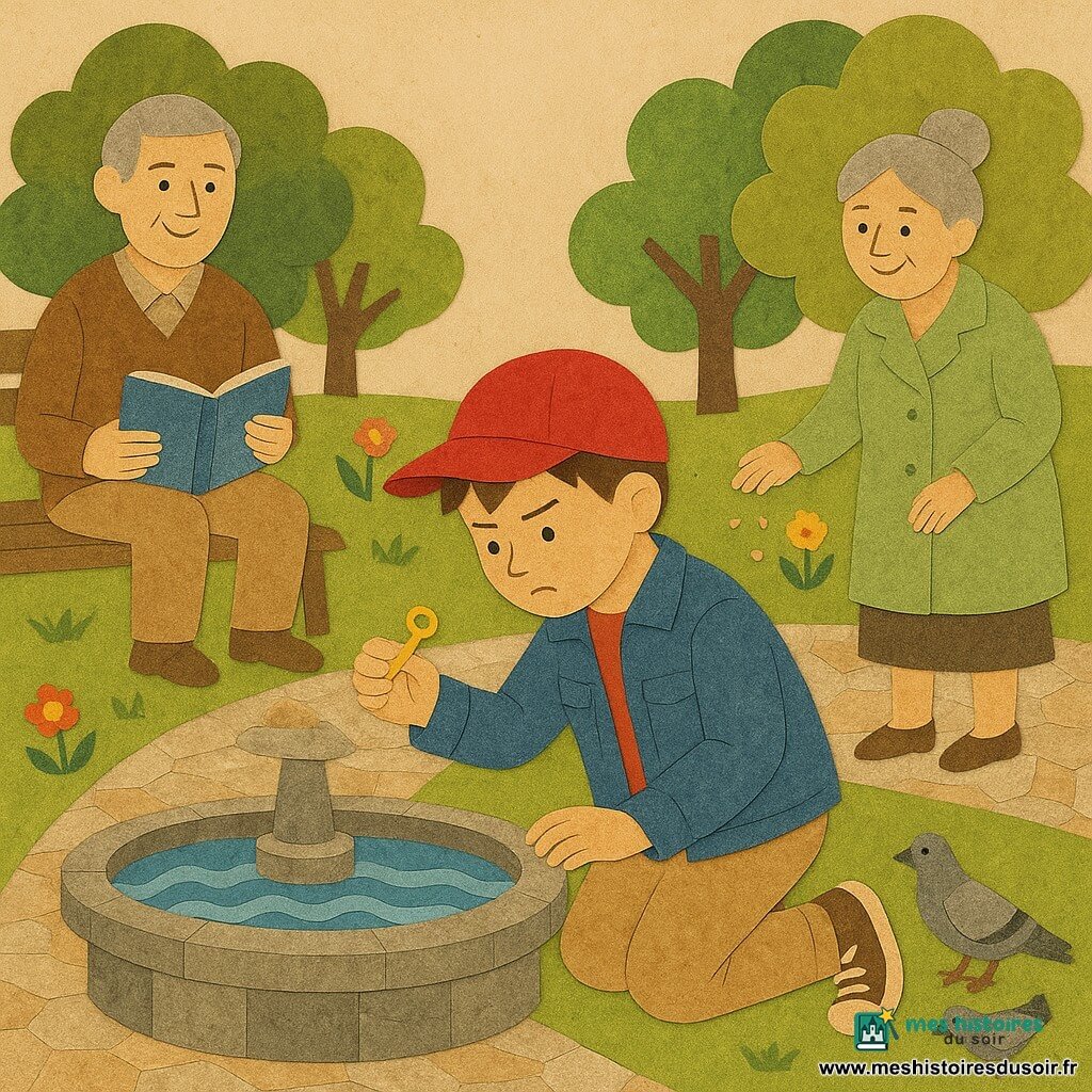 Léo, un garçon agenouillé près d'une fontaine ronde en pierre, tient une petite clé brillante entre le pouce et l'index, visage concentré et émerveillé ; il porte une casquette rouge, veste denim bleue, pantalon beige et baskets usées ; à gauche, Monsieur Martin (≈60 ans) assis sur un banc, cheveux grisonnants, pull à col en V, tient un livre avec un petit symbole bleu et regarde Léo avec bienveillance ; à droite, Madame Dupuis (≈70 ans) debout, chignon gris et manteau vert clair, distribue des miettes aux pigeons en souriant ; parc lumineux en papiers découpés avec pelouse verte, arbres en dégradés verts, fleurs colorées, chemin pavé en mosaïque de papier et fontaine centrale dont l'eau est représentée par des bandes bleues ondulées ; composition centrée, couleurs chaudes, contrastes nets, textures papier visibles et ombres simples.