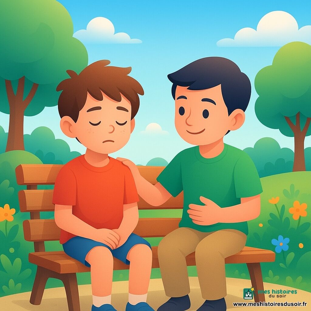 Léo, un garçon de 8 ans aux cheveux bruns ébouriffés et aux yeux curieux, porte un t-shirt rouge et un short bleu. Assis sur un banc en bois, les pieds à peine au sol, il ferme les yeux en respirant profondément. À côté de lui, Sami, également 8 ans, cheveux noirs courts et sourire rassurant, porte un t-shirt vert et un pantalon beige. Il pose une main sur l'épaule de Léo et l'autre sur son ventre, montrant comment respirer. Le parc ensoleillé est entouré d'arbres verdoyants, d'un ciel bleu avec quelques nuages blancs et de fleurs colorées près du banc. Léo apprend à calmer son "dragon intérieur" grâce à la respiration, aidé par Sami. L'atmosphère est paisible et réconfortante, illustrant l'amitié et le soutien.