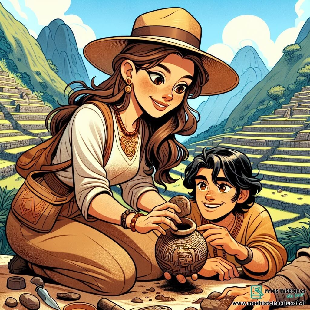 Clara, une archéologue d'une trentaine d'années avec de longs cheveux bruns en queue de cheval, un chapeau de paille et des lunettes de soleil, examine une poterie ancienne, les mains couvertes de terre. À ses côtés, Pablo, un jeune homme de 25 ans aux cheveux bouclés, tient une pierre gravée de symboles incas avec un sourire émerveillé. Ana, une femme d'une trentaine d'années aux cheveux noirs, est accroupie près d'eux, brossant un autre artefact avec curiosité. La scène se déroule sur un site archéologique andin, entouré de montagnes verdoyantes sous un ciel bleu, avec des terrasses en pierre sculptées par les Incas et des outils éparpillés, témoignant de leur travail acharné. Clara et son équipe découvrent des trésors de la civilisation inca, captivés par l'histoire qui émerge de la terre.