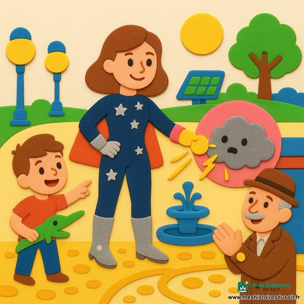 Zélia Nova, super-héroïne souriante en combinaison bleu nuit étoilée, bottes argentées et gros bracelet lumineux rose, tend une pastille brillante vers un nuage gris pelucheux aux petits yeux qui étincelle en la mangeant ; un garçon d’environ 6 ans à gauche tient une lampe dinosaure verte et pointe vers le nuage, un homme âgé au chapeau brun à droite applaudit près d’un kiosque tandis que la place de Luminopolis — pavés jaunes, fontaines basses, lampadaires en forme de sucette et rubans lumineux au sol — voit Zélia guider calmement le nuage dans une bulle rose translucide vers le parc solaire, les habitants souriants tenant leurs petites lampes ; style gommettes colorées, formes simples, contours nets, textures mousse EVA, couleurs vives et composition lisible pour enfants.