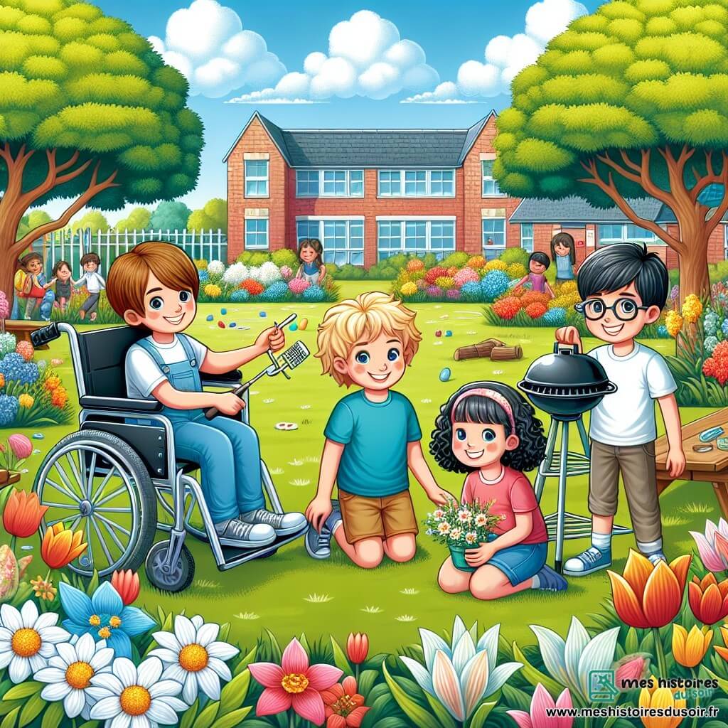 Dans un jardin d'école en pleine floraison, quatre enfants célèbrent le printemps. Pierre, 10 ans en fauteuil roulant, sourit avec son t-shirt bleu. À côté, Emma, 9 ans aux cheveux blonds et bouclés, plante des graines de fleurs. Thomas, 10 ans avec des lunettes, tient un barbecue portable pour griller des marshmallows. Lucas, 9 ans aux cheveux noirs, cache des œufs de Pâques derrière des buissons. Le jardin est coloré avec des marguerites, des jonquilles et des tulipes, tandis que les arbres offrent une ombre douce sous un ciel bleu. La scène illustre la joie des enfants lors d'une chasse aux trésors printanière, symbolisant l'amitié et la beauté de la nature.