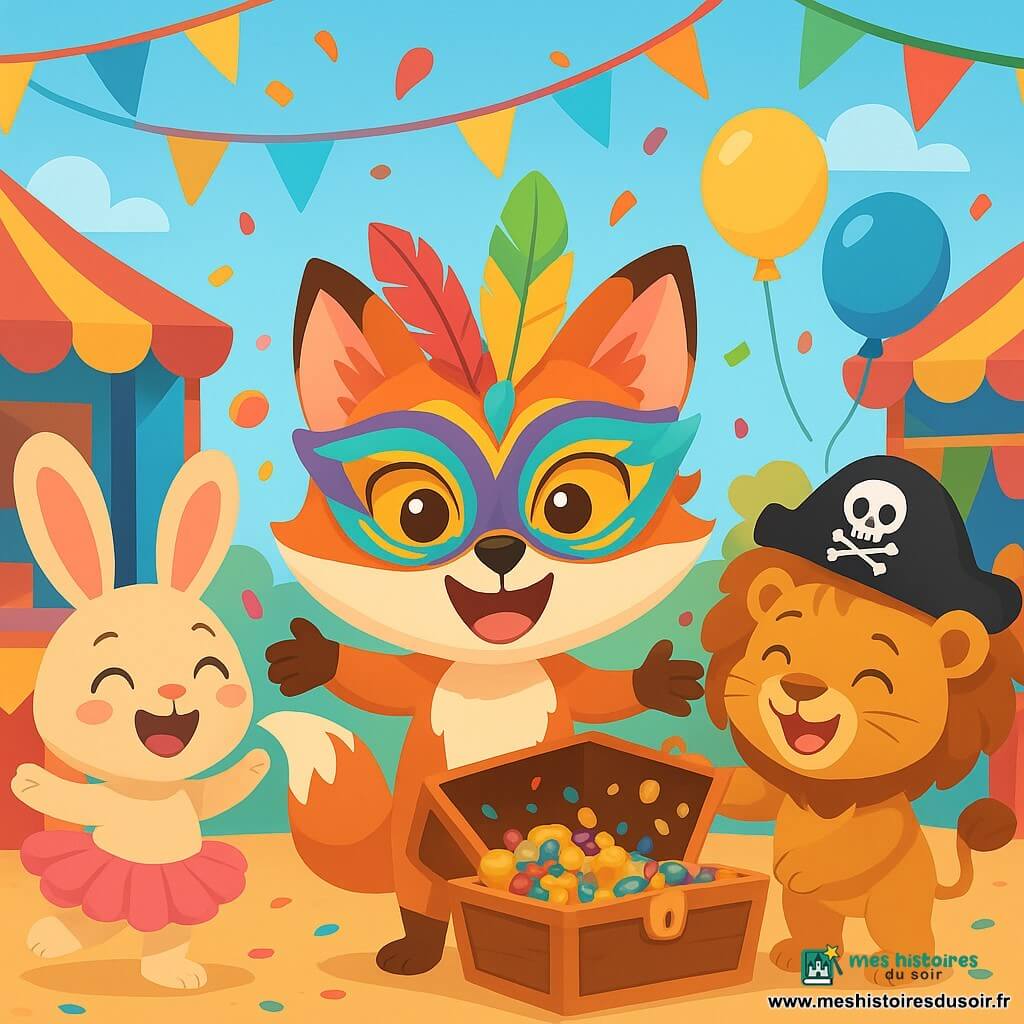 Un petit renard aux yeux dorés, Renardou, souriant et enthousiaste, se tient au centre d'une cour d'école animée, entouré de guirlandes colorées et de ballons flottants. Il porte un masque de carnaval en papiers colorés, décoré de plumes brillantes. À sa droite, une lapine, Lapinette, rit joyeusement en essayant un tutu rose. À sa gauche, un lionceau, Léon, sourit avec un chapeau de pirate. La cour est remplie de couleurs vives, avec des stands de carnaval et des confettis dans l'air. Renardou et ses amis préparent une grande boîte à accessoires de carnaval, remplie de trésors scintillants, tout en riant et en dansant, créant une atmosphère festive.