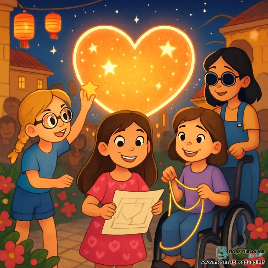 Il y a 4 enfants : **Julie**, 10 ans, avec de longs cheveux bruns, souriante au centre en train de dessiner des plans pour un cœur lumineux ; **Emma**, 10 ans, avec des cheveux blonds en tresses et des lunettes rondes, à gauche de Julie, collant des étoiles sur le cœur ; **Clara**, 10 ans, en fauteuil roulant, vêtue d'une blouse violette, à droite de Julie, tenant des rubans de lumière ; **Léa**, 10 ans, avec des cheveux noirs et des lunettes de soleil, derrière Clara, l'aidant à nouer les rubans. Le lieu est la **place du village de Luminaria**, illuminée par des lanternes colorées, avec un grand cœur lumineux flottant sous un ciel étoilé. Les quatre amies travaillent ensemble pour créer ce cœur, symbole d'amour et d'amitié, entourées par la magie de la Saint-Valentin.