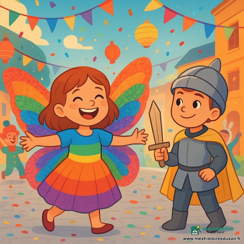 Lila, une petite fille de 8 ans, se tient au centre de l'image, joyeuse avec des ailes de papillon multicolores en papier crépon qui scintillent au soleil. Elle porte une robe arc-en-ciel et un grand sourire d'excitation pour le carnaval. À ses côtés, son ami Malo, déguisé en chevalier avec une cape dorée et tenant une épée en carton, l'encourage. En arrière-plan, la rue piétonne est décorée de guirlandes colorées et de lanternes lumineuses, tandis que des enfants déguisés dansent et rient. La scène dégage une atmosphère festive et magique, alors que Lila s'apprête à danser au cœur de la fête.
