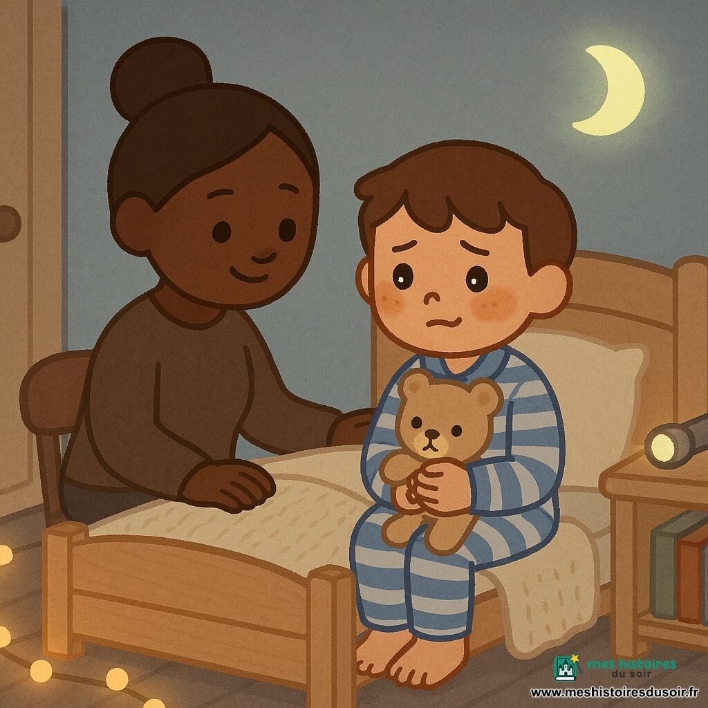 Garçon de 10 ans, cheveux bruns courts, pyjama rayé bleu et blanc, expression inquiète mais rassurée (yeux légèrement brillants, sourcils froncés, petit sourire), assis au bord du lit en serrant un doudou beige pelucheux contre sa poitrine; à sa gauche une femme d’environ 35 ans au chignon châtain, visage doux et souriant, main posée sur la couverture pour le rassurer; sur la table de nuit à droite une petite lampe de poche métallique éteinte et une mini-lampe à pile ronde; près de la porte un autocollant phosphorescent en forme de lune émettant une lueur jaune‑vert pâle; le long de la plinthe une guirlande d’ampoules chaudes forme un chemin lumineux vers la porte; chambre petite et chaleureuse avec lit en bois clair, couverture tricotée crème, étagère basse avec quelques livres colorés et une chaise en bois sombre à silhouette arrondie dans l’ombre; lumière principale éteinte, ambiance nocturne douce, le garçon apprivoise le noir grâce aux repères lumineux et à la présence réconfortante de sa mère; composition centrée sur leurs visages et le chemin de guirlande; style visuel aux formes simples et contours arrondis, palette pastel douce (bleus, crème, jaune pâle), textures délicates (tricot, peluche) et contraste entre zones sombres et points lumineux chauds.