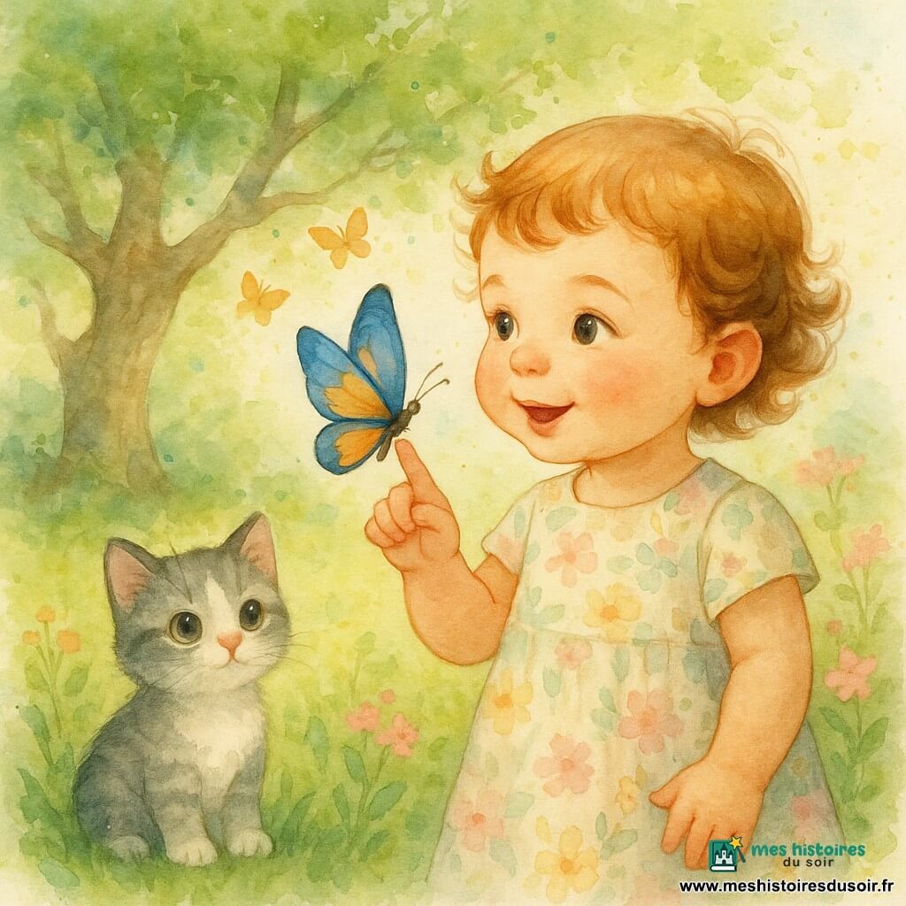 Emma, 2 ans, visage rond et cheveux courts bouclés châtain clair, tend la main vers un papillon bleu et orange posé sur son doigt; un chaton gris et blanc assis dans l'herbe à gauche la regarde; en arrière-plan, un groupe de papillons vole autour d'un grand arbre ancien dans un jardin luxuriant de fleurs roses et jaunes, herbe douce et rayons de soleil, ambiance chaleureuse et paisible aux tons aquarelle.