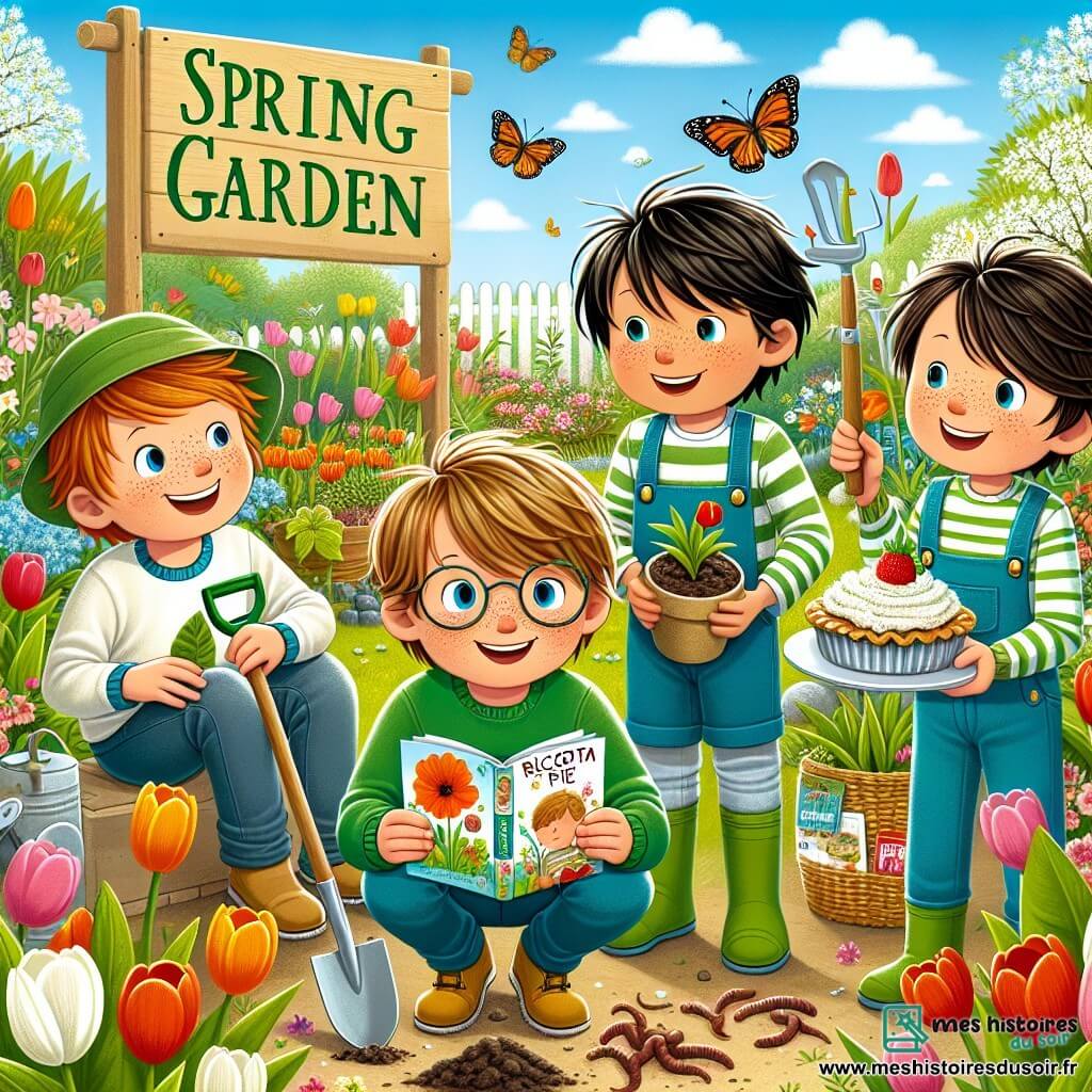 Quatre garçons de 10 ans se tiennent dans un jardin fleuri. Lucas, avec des cheveux bruns et des lunettes, sourit en tenant une petite pelle. À sa droite, Julien, aux cheveux blonds et aux taches de rousseur, montre un livre de recettes. À gauche, Thomas, avec des cheveux noirs et un t-shirt vert, tient une tarte à la ricotta, tandis qu'Émile, aux cheveux châtains et un chapeau de jardinier, observe un ver de terre en riant avec ses amis. Le jardin est rempli de tulipes et de coquelicots, sous un ciel bleu avec des nuages blancs. Les garçons préparent leur jardin pour le Festival du Printemps, plantant des fleurs et cuisinant ensemble tout en partageant des rires.