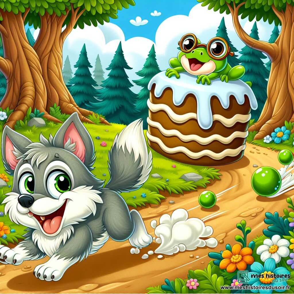 Illustration d'un petit loup au pelage gris et aux yeux malicieux, riant en courant après un énorme gâteau qui roule. Il a une petite queue touffue et des oreilles pointues, exprimant joie et excitation. À proximité, une grenouille verte avec un grand chapeau tombant sur les yeux saute de joie en observant le loup, ses yeux brillants et son sourire contagieux. La scène se déroule dans une forêt enchantée avec des arbres verts, des fleurs colorées et un ciel bleu parsemé de nuages. Le loup court derrière le gâteau géant, tandis que la grenouille l'encourage. Des miettes de gâteau volent, ajoutant une touche de magie. D'autres éléments incluent des bulles de rire autour des personnages, des étoiles scintillantes et des animaux curieux comme un écureuil et un oiseau, observant la scène amusés.