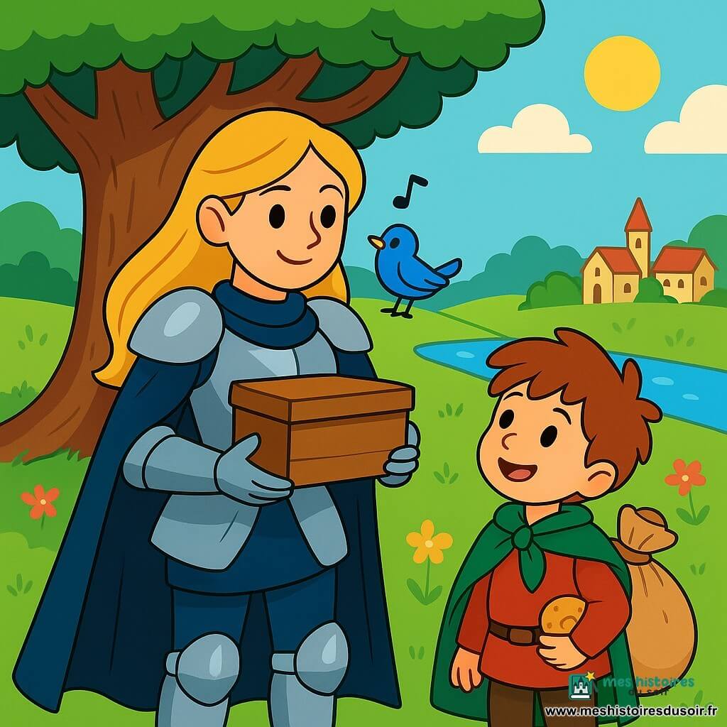 Une chevaleresse aux longs cheveux dorés, vêtue d'une armure étincelante et d'un manteau bleu sombre, se tient devant un grand chêne majestueux, tenant une boîte en bois contre son cœur, prête à offrir la paix entre les villages. À ses côtés, un petit garçon nommé Tom, âgé d'environ 8 ans, porte une cape verte et un sac de biscuits, l'admirant avec excitation. Un oiseau bleu chante joyeusement sur son épaule, ajoutant une touche de magie à la scène. Ils se trouvent dans une prairie verdoyante parsemée de fleurs colorées, avec deux villages en arrière-plan, séparés par une rivière scintillante. Ils sont prêts à déposer l'offrande de paix au pied du chêne, entourés de la beauté de la nature.