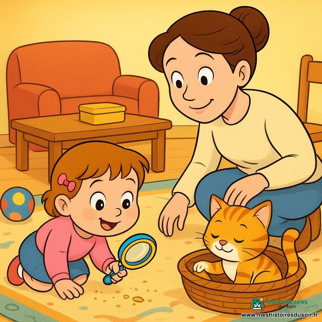 Une fillette de 2 ans, joyeuse et curieuse, cheveux courts châtain clair avec une petite barrette rose, tient une loupe-jouet colorée et penche le corps pour suivre une piste de miettes ; la maman d’environ 30 ans, douce et attentive, cheveux en chignon et pull clair, est accroupie derrière elle, souriante, main sur une chaise ; le chat Lili, petit tigré orange et blanc, est blotti dans un panier en osier, yeux mi-clos et patte sur un biscuit cassé ; le salon est chaleureux avec une petite table en bois clair et boîte à biscuits vide, un tapis à motifs, miettes brillantes menant au panier, une balle trouée et un doudou peluche ; scène principale : la fillette suit la piste avec sa loupe, la maman veille et le chat découvre le biscuit ; ambiance colorée et lumineuse, couleurs chaudes, textures douces, style dessin animé années 90, composition simple et lisible pour jeunes enfants.