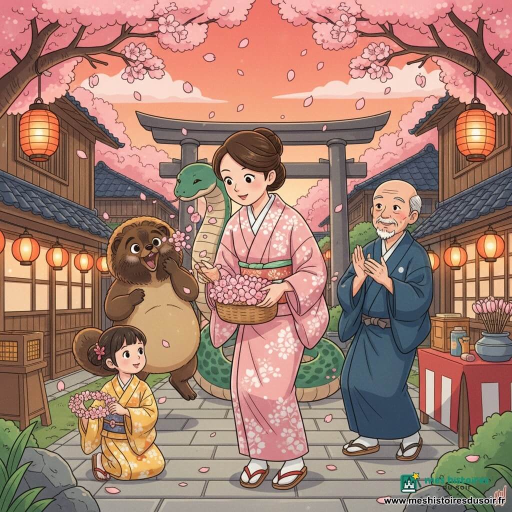 Aiko, femme d'une trentaine d'années au visage doux et aux yeux noirs brillants, porte un kimono en coton rose pâle à motifs de cerisiers et tient un panier d'où débordent des fleurs ; à sa gauche un tanuki joueur au pelage brun doré souffle des pétales comme des confettis, devant elle une fillette d'environ 8 ans en yukata jaune tresse une guirlande de fleurs, à droite un vieil homme d'environ 70 ans à la barbe blanche applaudit près d'une table décorée de lanternes, tandis qu'à l'arrière-plan un grand serpent écaillé vert émeraude repose près d'un portail en pierre ; le tout se déroule sur une place de village pavée bordée de maisons en bois aux toits sombres sous une voûte de cerisiers en fleurs et des lanternes rouges, pétales flottant dans un ciel crépusculaire orange-rose, ambiance de fête de printemps joyeuse et magique, rendu visuel concret aux dégradés lisses, contours nets, textures détaillées et palette pastel riche (roses, ors, verts émeraude, bleu nuit).