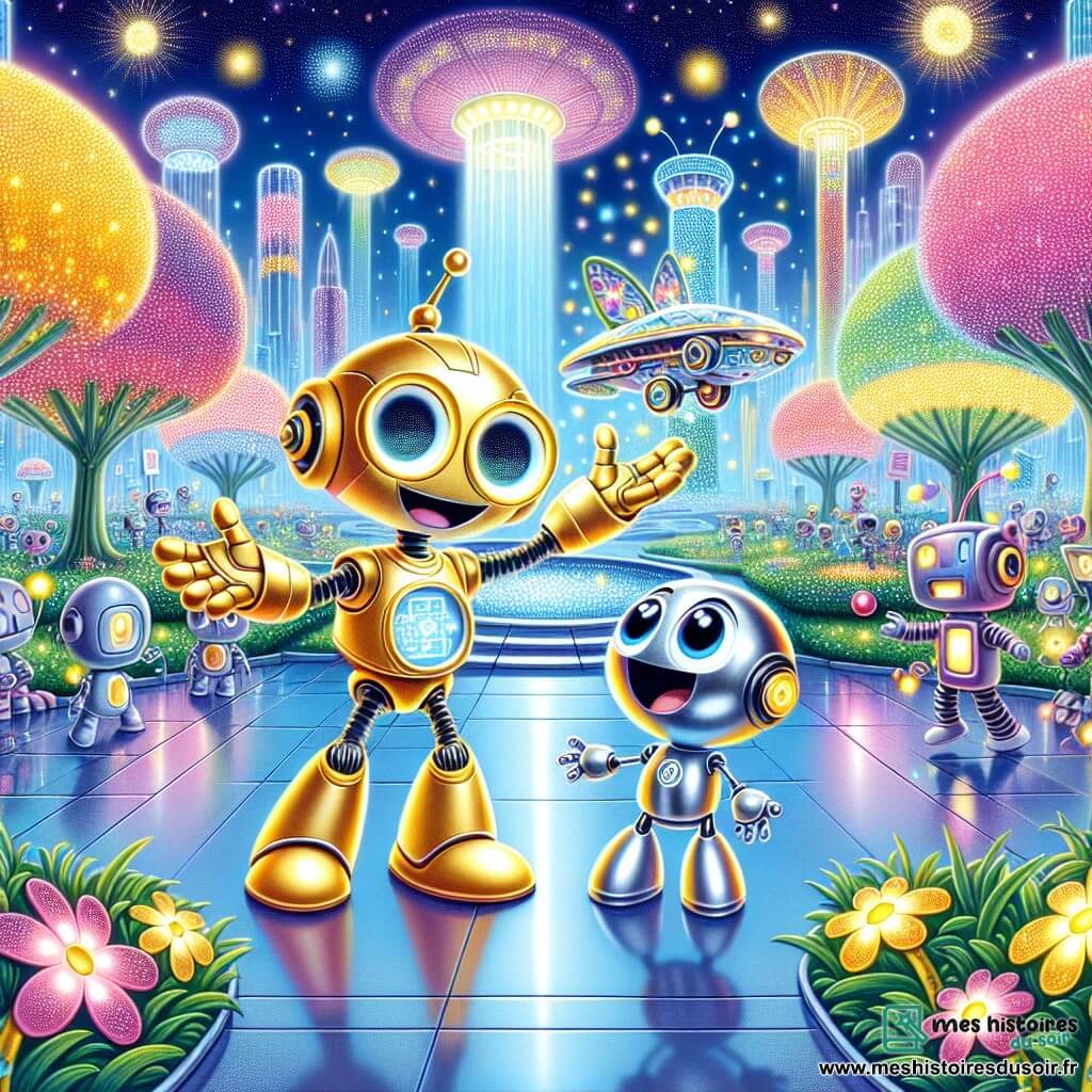 Zappy, un petit robot argenté aux yeux ronds et lumineux, se tient au centre d'un parc futuriste, les bras écartés, exprimant joie et excitation. Son corps scintillant reflète les couleurs vives du parc, entouré d'arbres brillants et de fleurs dansantes. À ses côtés, le Professeur Circuit, un grand robot doré avec des engrenages visibles, sourit en montrant une maquette de véhicule flottant, expliquant quelque chose d'enthousiasmant à Zappy. Le parc central de Lumiville est magique, avec des routes scintillantes et des bâtiments en forme de fleurs géantes, sous un ciel ensoleillé. Des hologrammes colorés flottent, créant une atmosphère féerique. Zappy et le Professeur Circuit découvrent les merveilles de la technologie futuriste, entourés de robots variés, tandis que des bulles de bonheur s'élèvent autour d'eux, ajoutant une touche de magie à cette journée inoubliable.