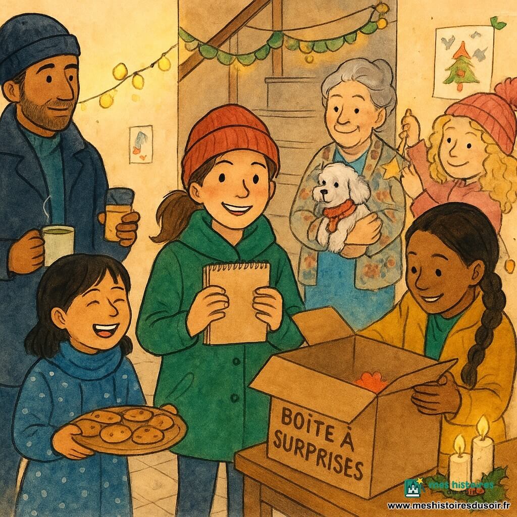 Six personnages dans un hall d’immeuble décoré pour Noël : Inès (fillette en queue de cheval, bonnet rouge, manteau vert) au centre devant une grande boîte à surprises avec un carnet, Zoé (fillette cheveux courts noirs, écharpe bleue) à gauche tenant un plateau de biscuits, Nour (fillette peau mate, tresse, manteau moutarde) à droite en train d’ouvrir la boîte, Lila (fillette cheveux blonds bouclés, bonnet rose) un peu en retrait accrochant une guirlande, Karim (homme d’une quarantaine d’années, bonnet sombre, manteau long) à gauche tenant une petite boîte et une tasse de chocolat chaud, et Madame Lenoir (femme âgée, chignon gris, gilet à fleurs) derrière Nour caressant un petit caniche au foulard rouge; sol carrelé, escalier en arrière-plan, guirlandes et lumières, bougies électriques, traces de neige sur le paillasson et dessins d’enfants collés au mur; ambiance chaleureuse de fête de quartier où voisins et enfants déposent mots et cadeaux dans la boîte, partagent biscuits et chocolat chaud, rient ensemble.